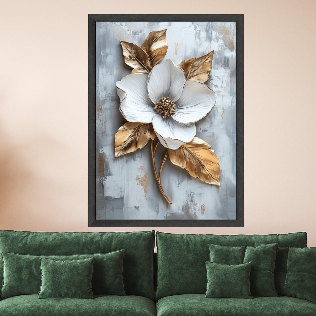 Elegant White Flower Canvas Wall Art, Gold Leaf Botanical Canvas, Modern Floral Home Decor, Nature Canvas, Ready to Hang Ready To Hang,