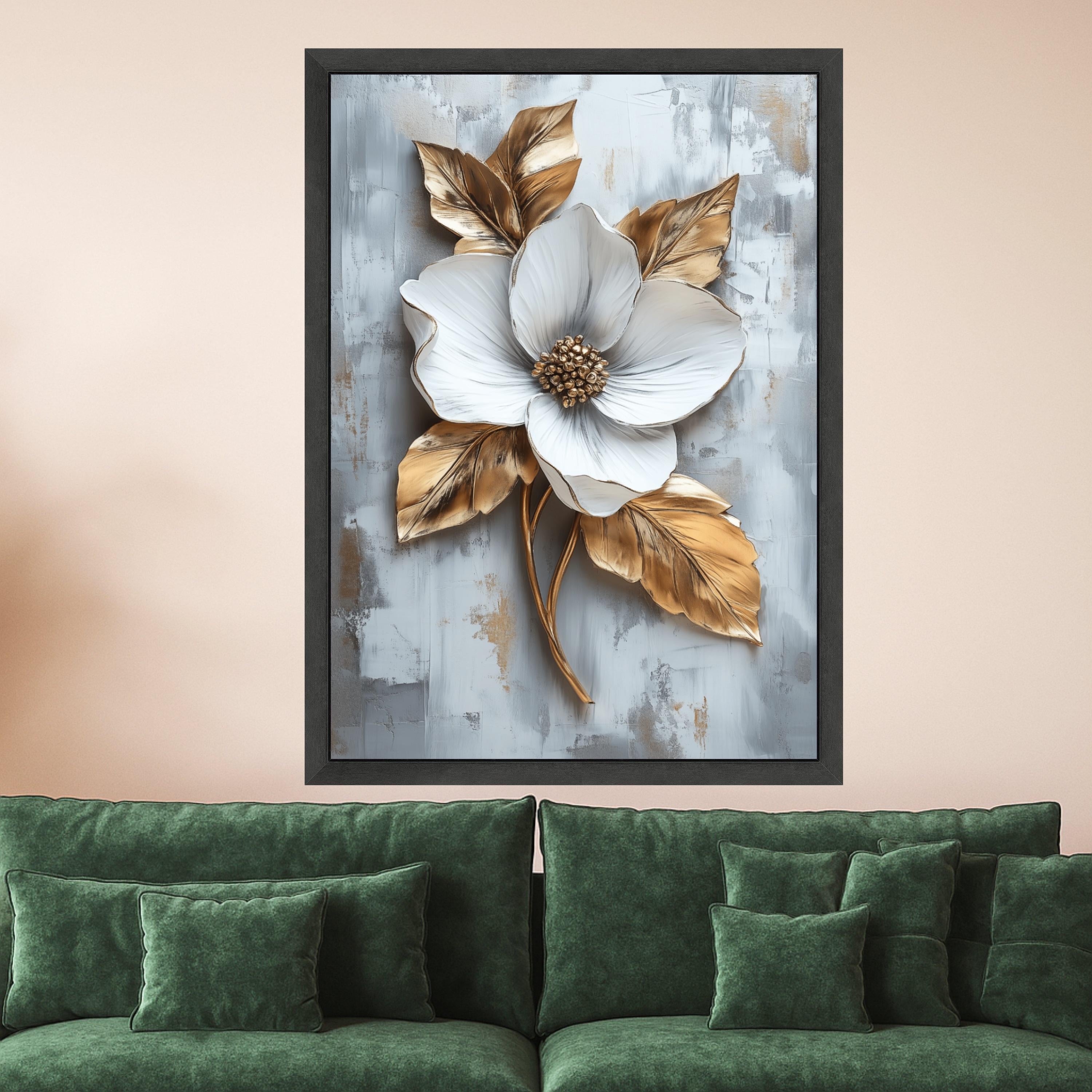 Elegant White Flower Canvas Wall Art, Gold Leaf Botanical Canvas, Modern Floral Home Decor, Nature Canvas, Ready to Hang Ready To Hang,