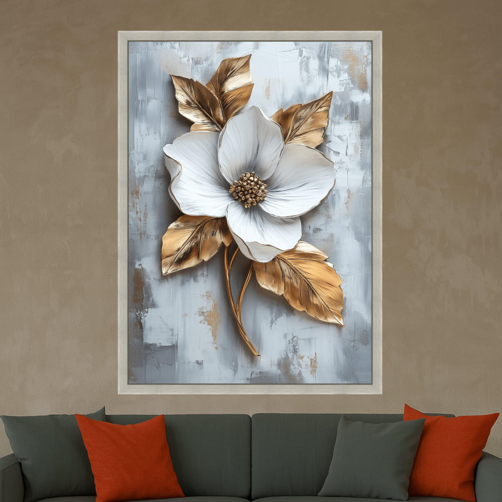 Elegant White Flower Canvas Wall Art, Gold Leaf Botanical Canvas, Modern Floral Home Decor, Nature Canvas, Ready to Hang Ready To Hang,