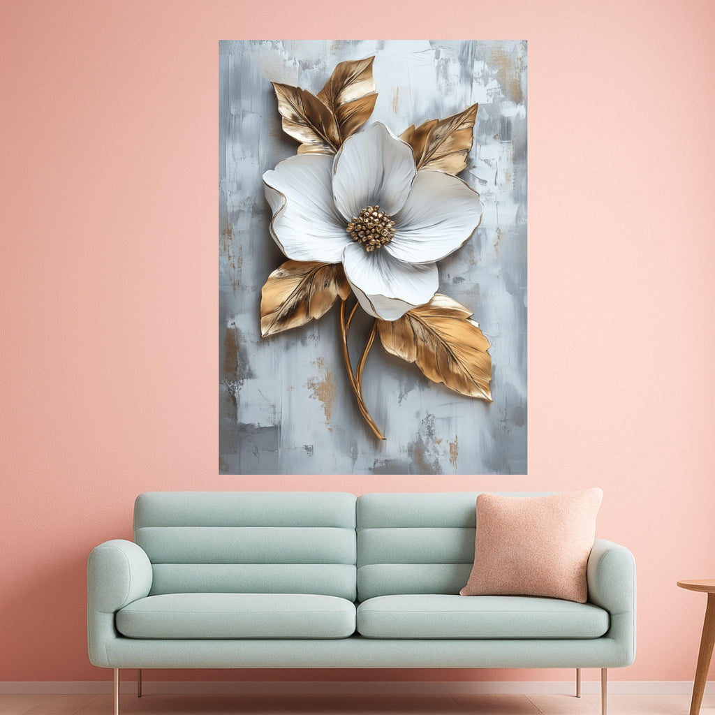 Elegant White Flower Canvas Wall Art, Gold Leaf Botanical Canvas, Modern Floral Home Decor, Nature Canvas, Ready to Hang Ready To Hang,
