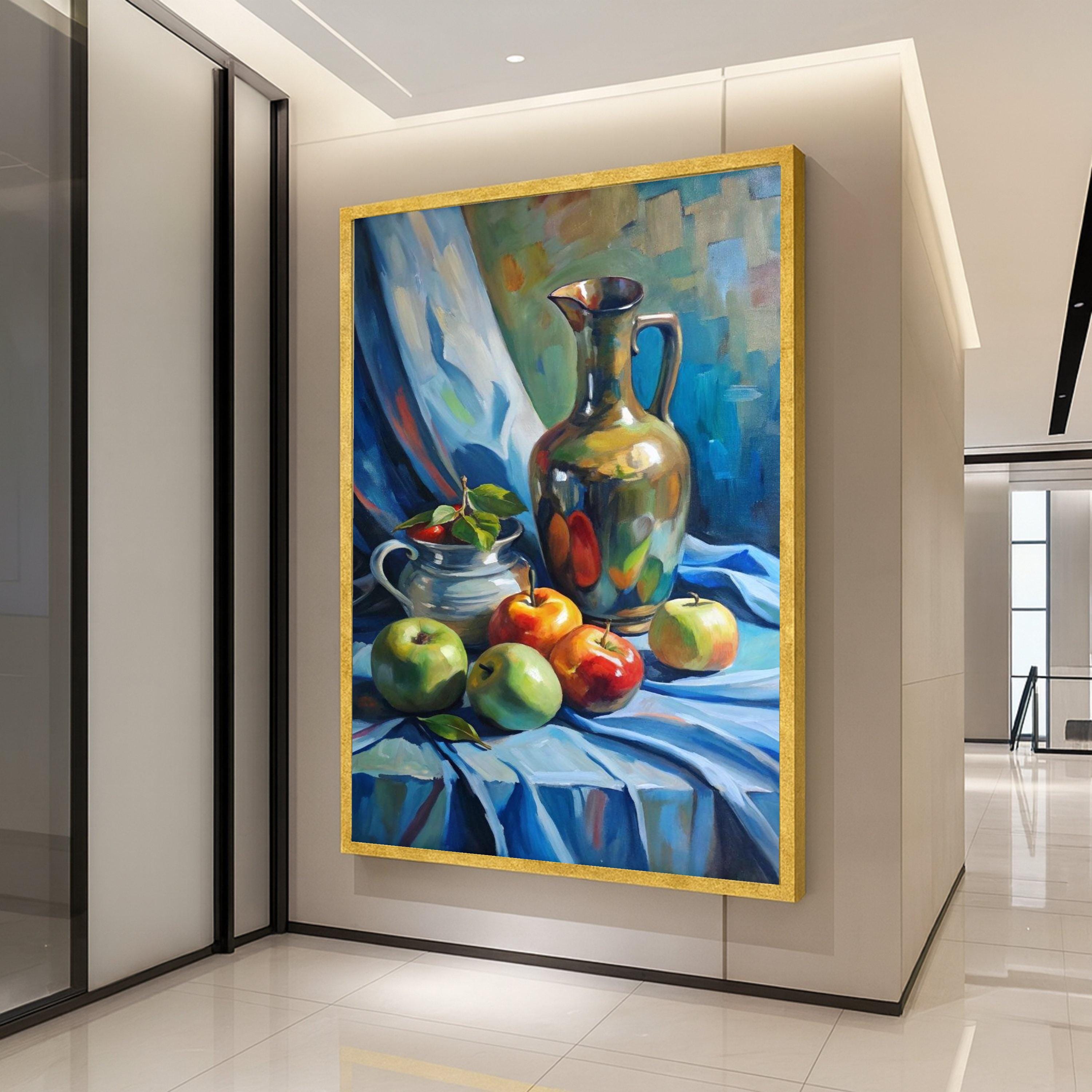Still Life with Apples and Metallic Pitcher, Classic Fruit Canvas Wall Art, Decorative Kitchen Artwork, Traditional Home Ready To Hang,