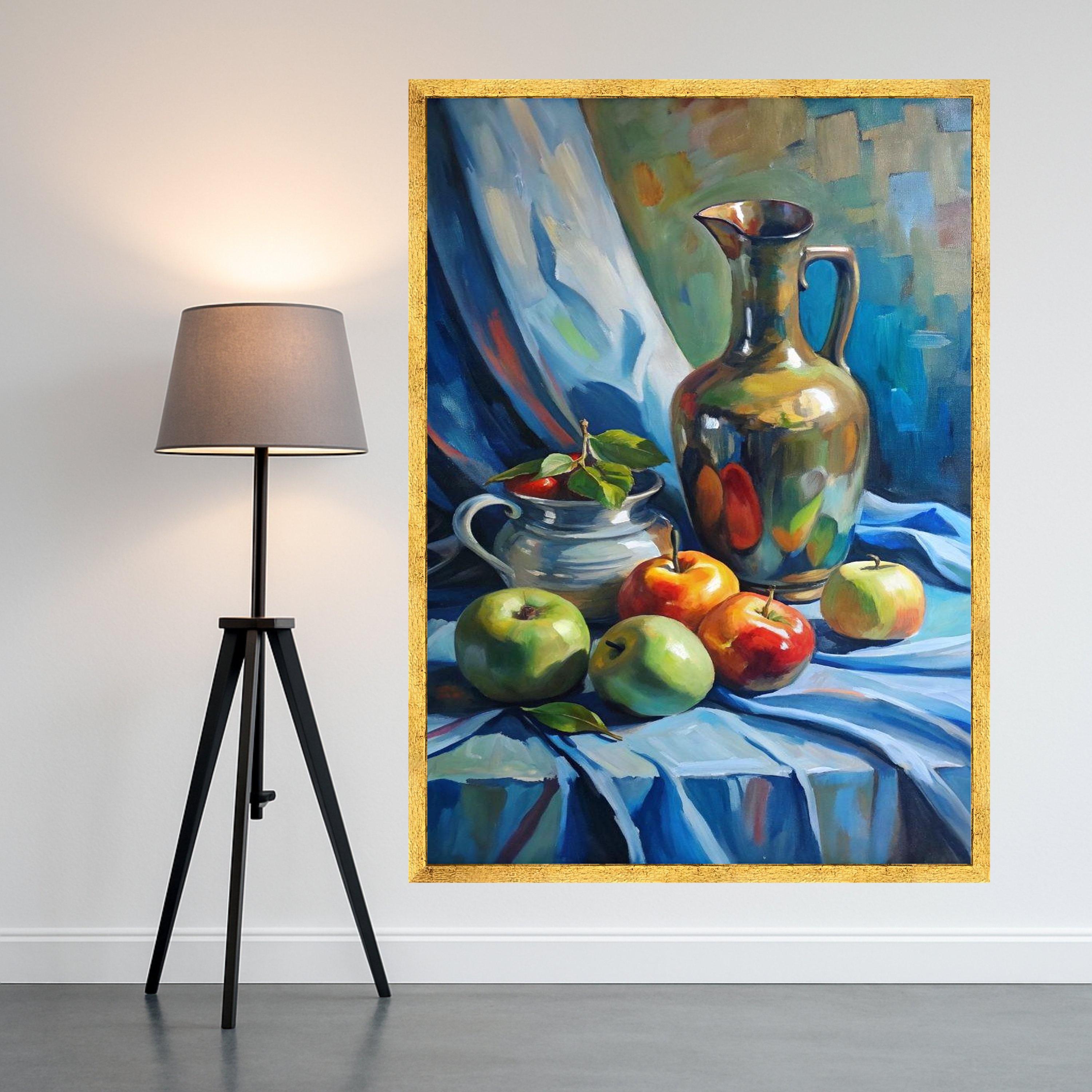 Still Life with Apples and Metallic Pitcher, Classic Fruit Canvas Wall Art, Decorative Kitchen Artwork, Traditional Home Ready To Hang,