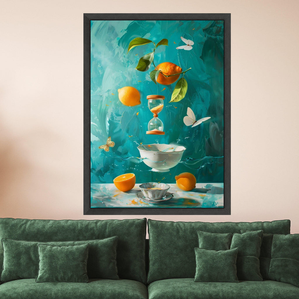 Surreal Citrus Still Life Canvas, Floating Lemons and Hourglass, Butterflies and Porcelain Bowl, Vibrant Blue Kitchen Wall Ready To Hang,