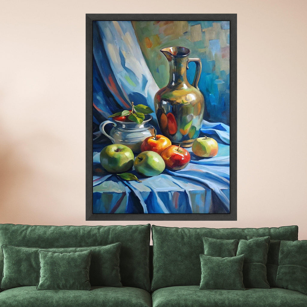 Still Life with Apples and Metallic Pitcher, Classic Fruit Canvas Wall Art, Decorative Kitchen Artwork, Traditional Home Ready To Hang,