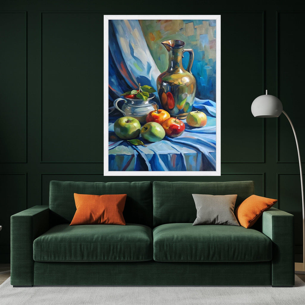 Still Life with Apples and Metallic Pitcher, Classic Fruit Canvas Wall Art, Decorative Kitchen Artwork, Traditional Home Ready To Hang,