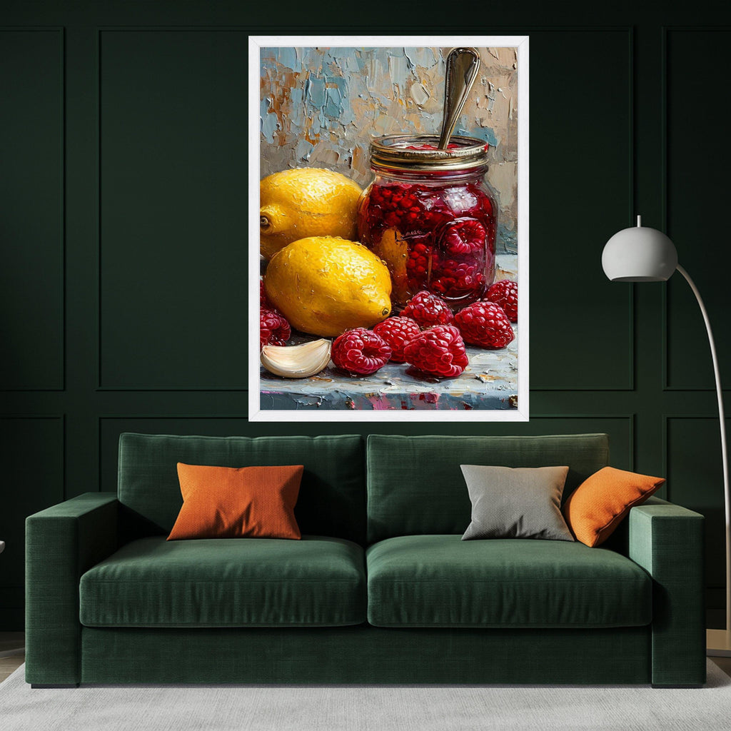 Raspberry Jam Jar with Lemons and Garlic Still Life Canvas, Rustic Kitchen Wall Art, Fruit Painting, Home Decor Canvas Print Ready To Hang,