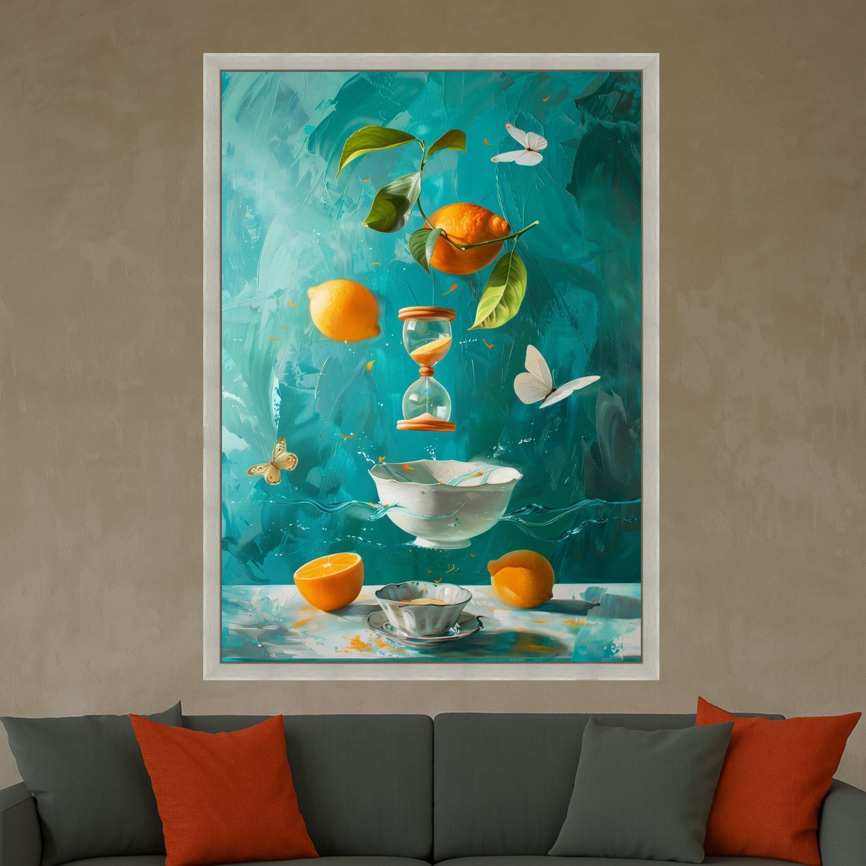 Surreal Citrus Still Life Canvas, Floating Lemons and Hourglass, Butterflies and Porcelain Bowl, Vibrant Blue Kitchen Wall Ready To Hang,