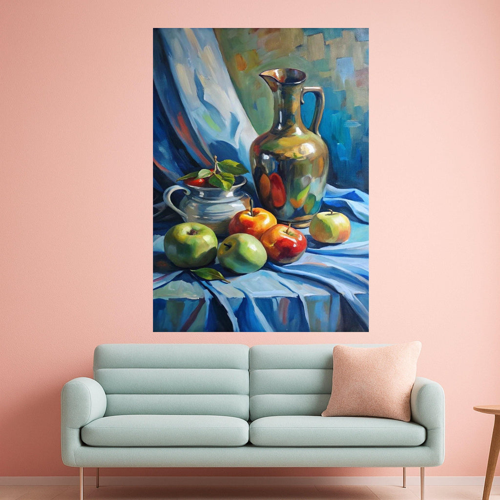 Still Life with Apples and Metallic Pitcher, Classic Fruit Canvas Wall Art, Decorative Kitchen Artwork, Traditional Home Ready To Hang,
