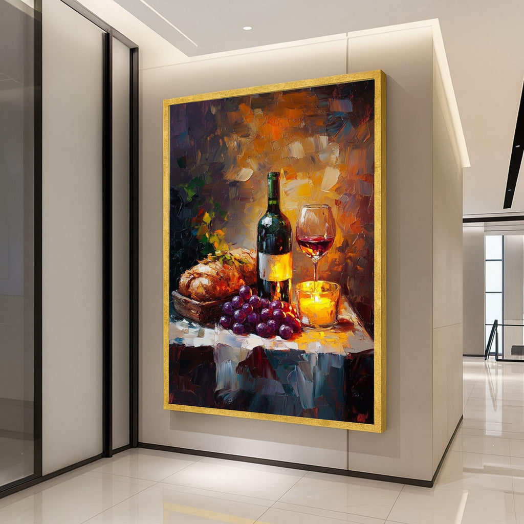 Cozy Wine and Bread Still Life Canvas, Candlelit Table Scene, Grapes and Red Wine Glass, Rustic Kitchen Wall Art, Ready To Hang,