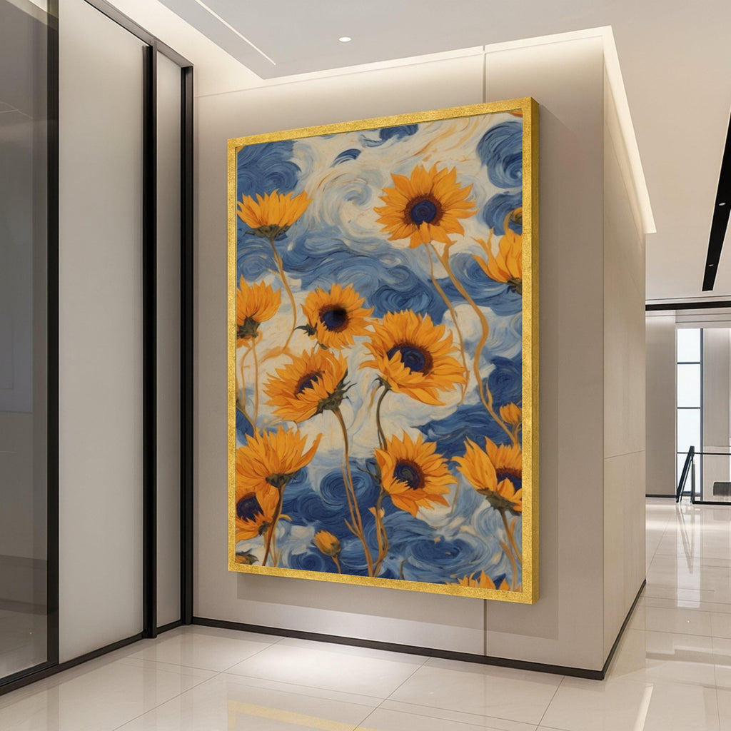 Vibrant Sunflowers Canvas, Blue Swirl Background, Floral Wall Art, Nature Canvas Decor, Bright Yellow Flower Painting, Home Ready To Hang,