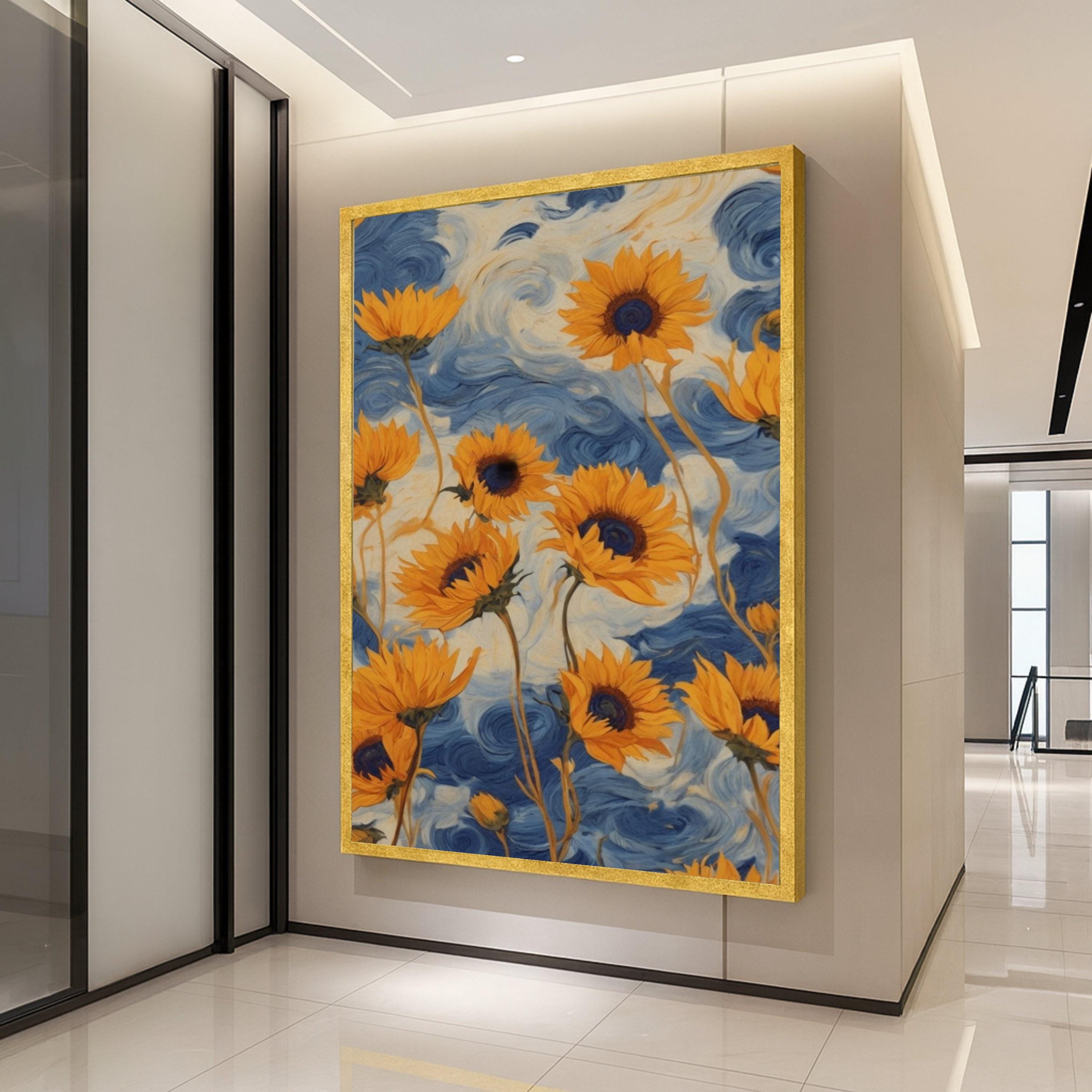 Vibrant Sunflowers Canvas, Blue Swirl Background, Floral Wall Art, Nature Canvas Decor, Bright Yellow Flower Painting, Home Ready To Hang,