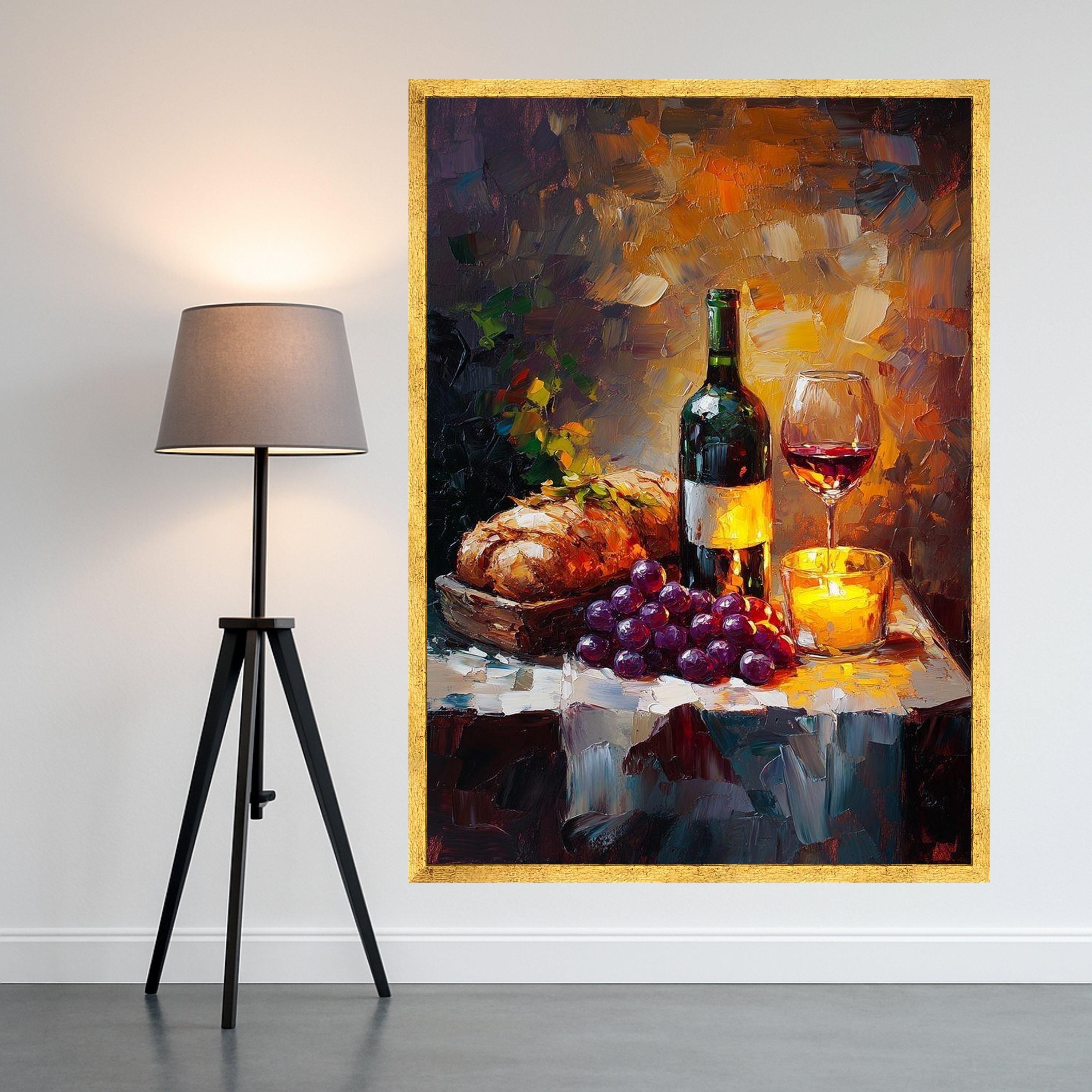 Cozy Wine and Bread Still Life Canvas, Candlelit Table Scene, Grapes and Red Wine Glass, Rustic Kitchen Wall Art, Ready To Hang,