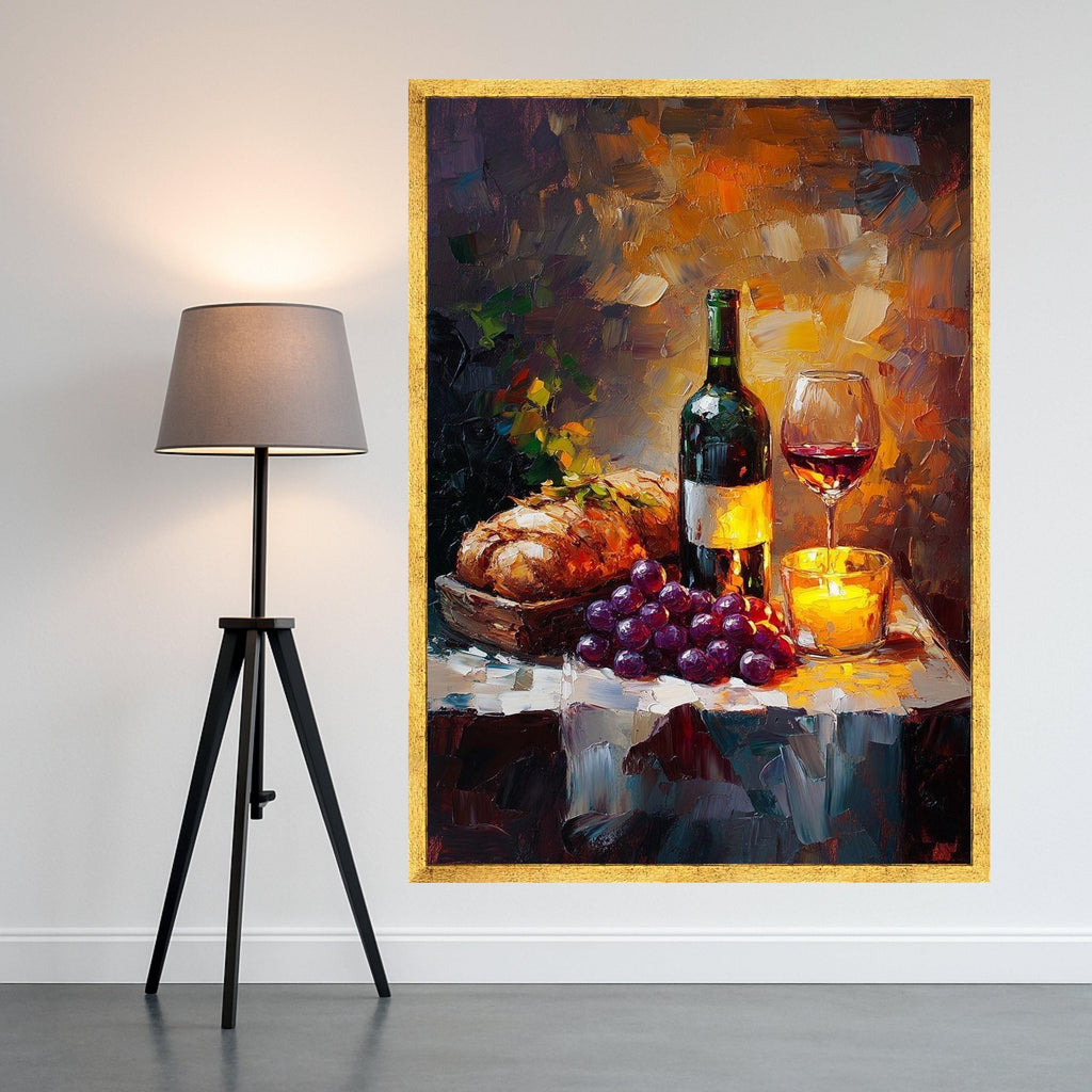 Cozy Wine and Bread Still Life Canvas, Candlelit Table Scene, Grapes and Red Wine Glass, Rustic Kitchen Wall Art, Ready To Hang,