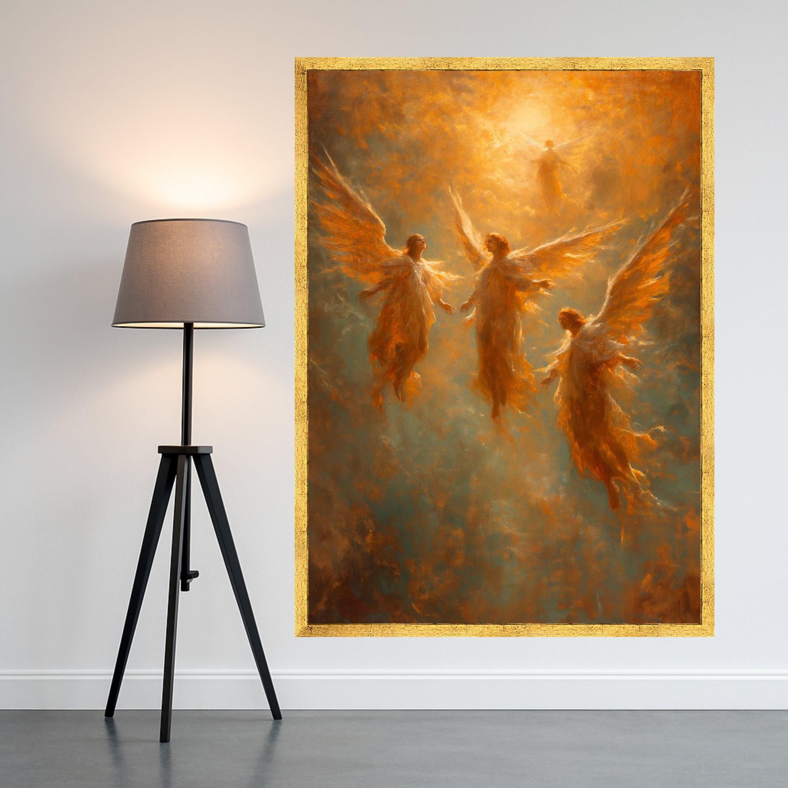Glowing Angelic Figures Canvas, Heavenly Light Wall Art, Spiritual Abstract Painting, Ethereal Angel Wings Canvas, Ready To Hang,