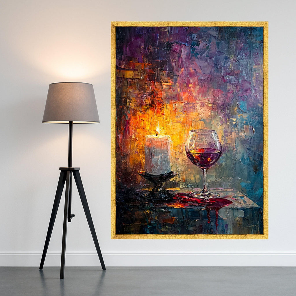 Romantic Candlelight and Red Wine Glass Canvas, Abstract Wall Art, Cozy Home Decor, Evening Ambiance Painting, Ready to Hang Ready To Hang,