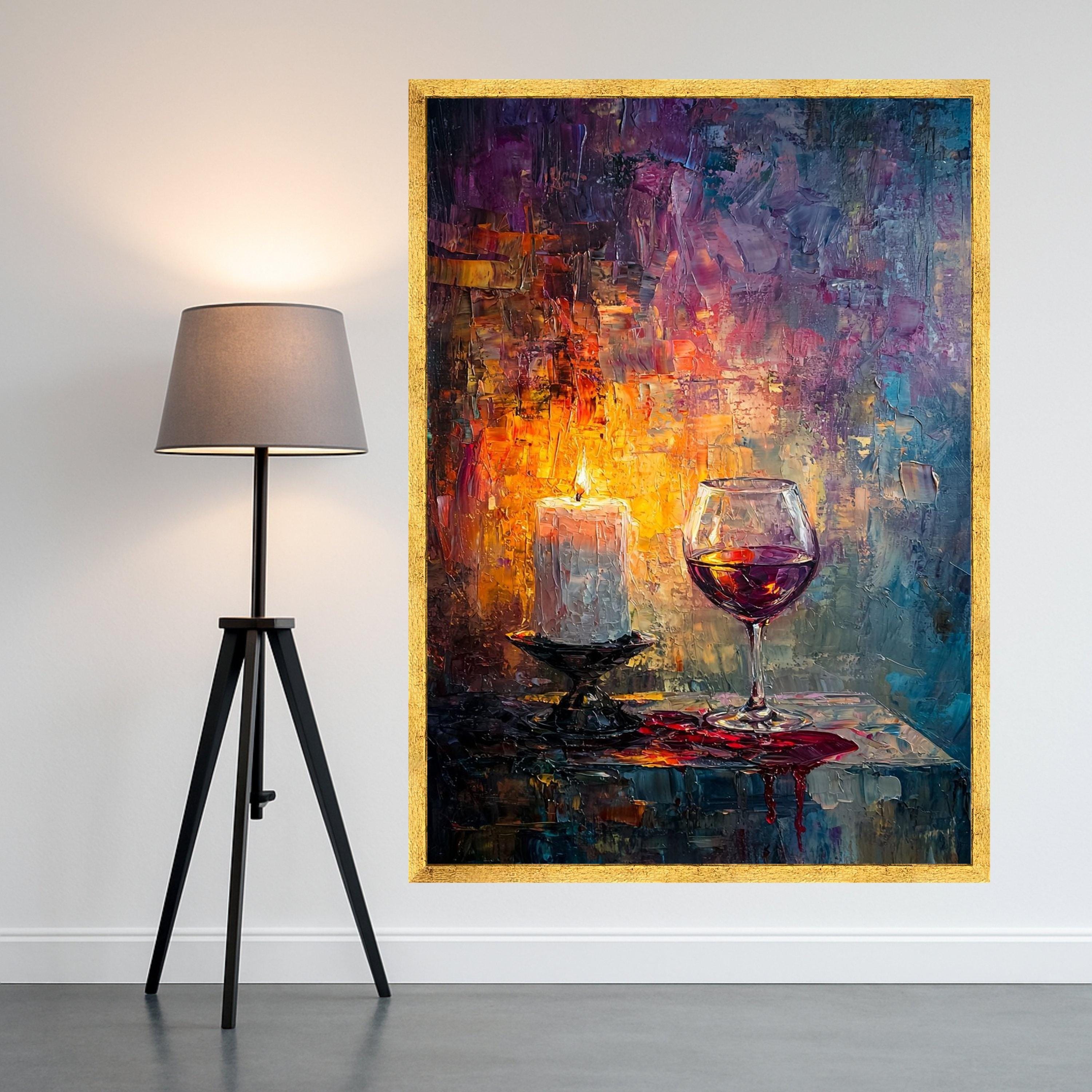 Romantic Candlelight and Red Wine Glass Canvas, Abstract Wall Art, Cozy Home Decor, Evening Ambiance Painting, Ready to Hang Ready To Hang,