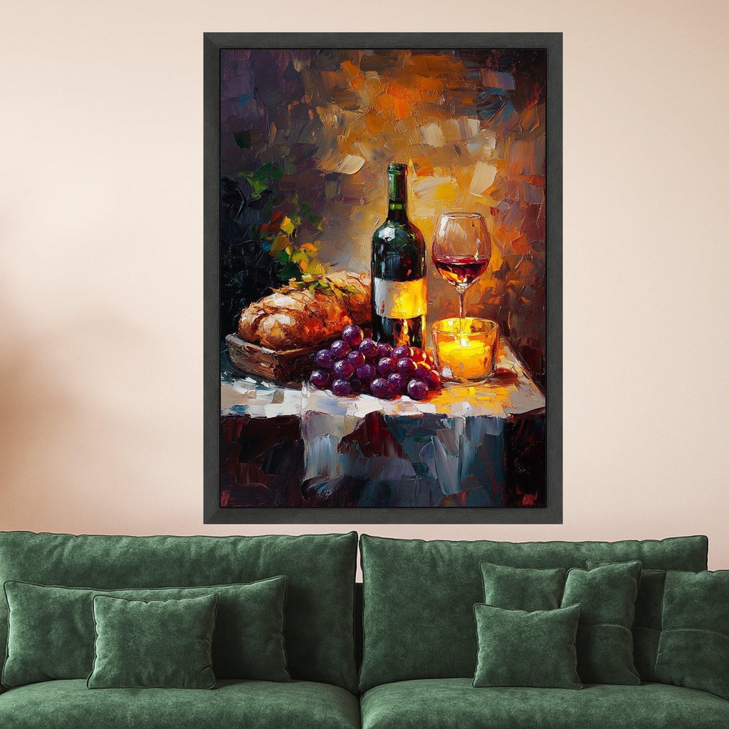 Cozy Wine and Bread Still Life Canvas, Candlelit Table Scene, Grapes and Red Wine Glass, Rustic Kitchen Wall Art, Ready To Hang,