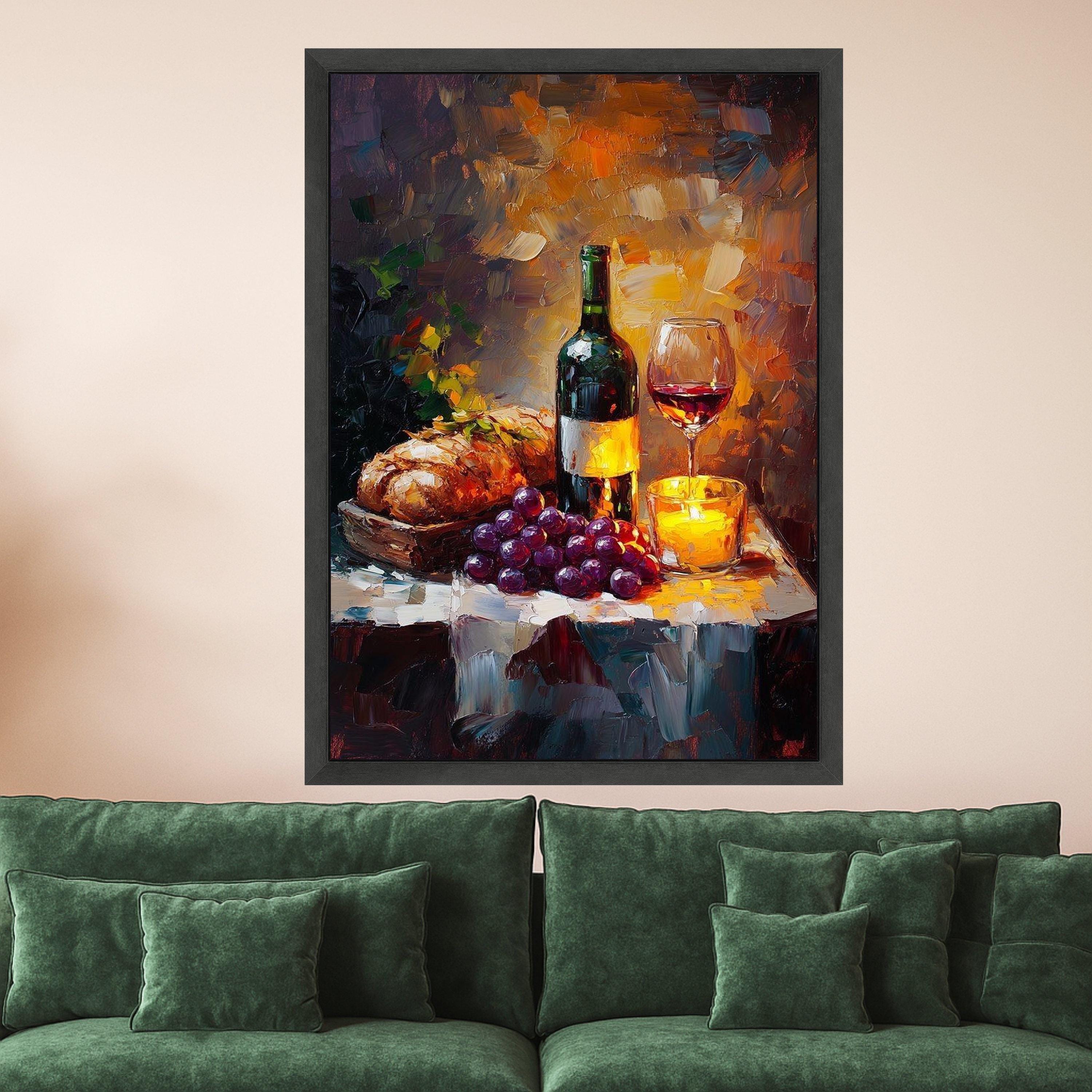 Cozy Wine and Bread Still Life Canvas, Candlelit Table Scene, Grapes and Red Wine Glass, Rustic Kitchen Wall Art, Ready To Hang,