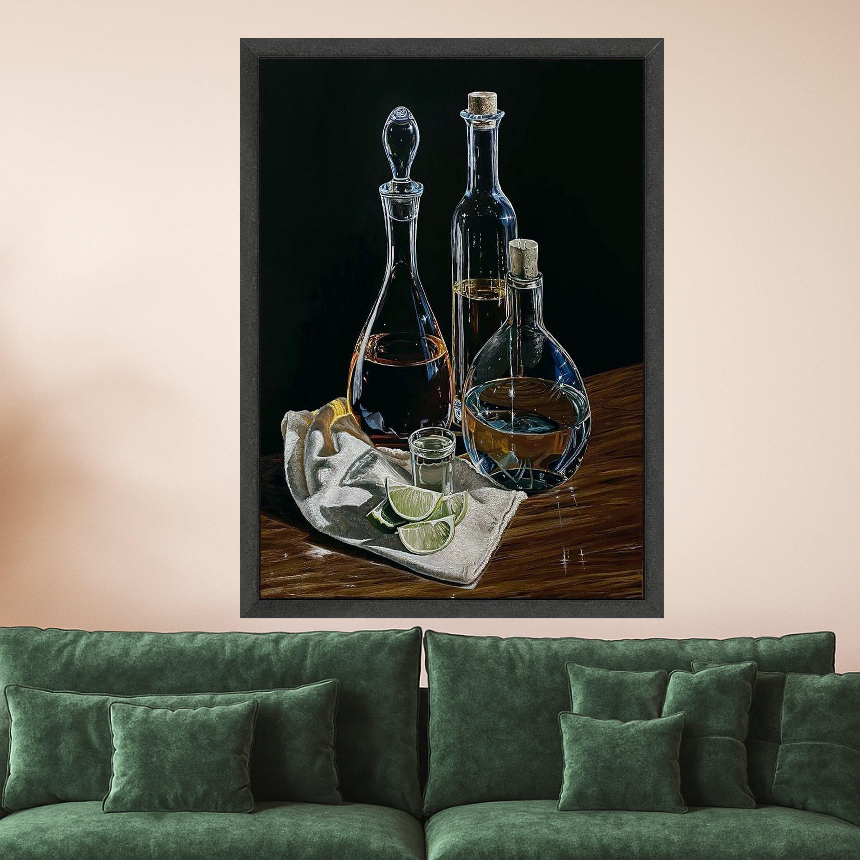 Elegant Glass Bottles with Lime Slices Canvas, Still Life Wall Art, Bar Decor, Beverage Themed Canvas, Kitchen Decoration, Ready To Hang,