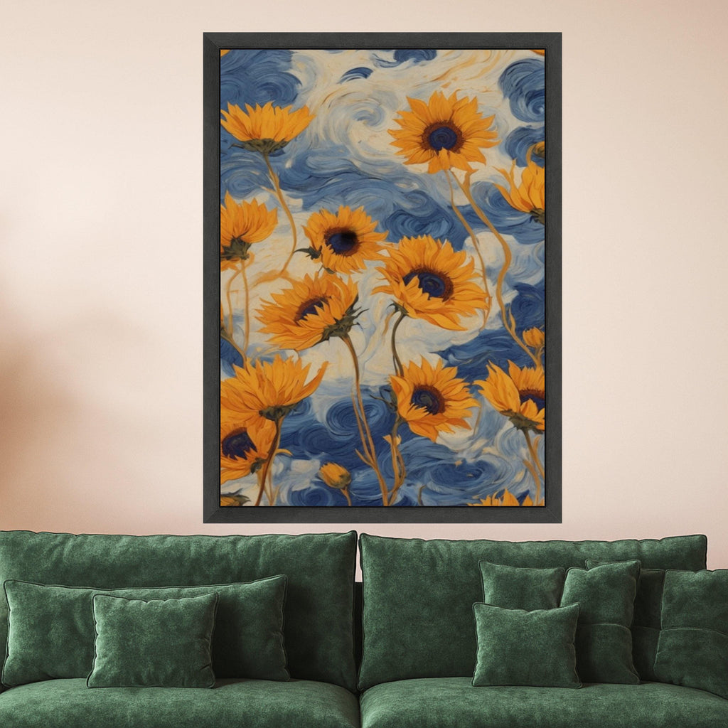Vibrant Sunflowers Canvas, Blue Swirl Background, Floral Wall Art, Nature Canvas Decor, Bright Yellow Flower Painting, Home Ready To Hang,