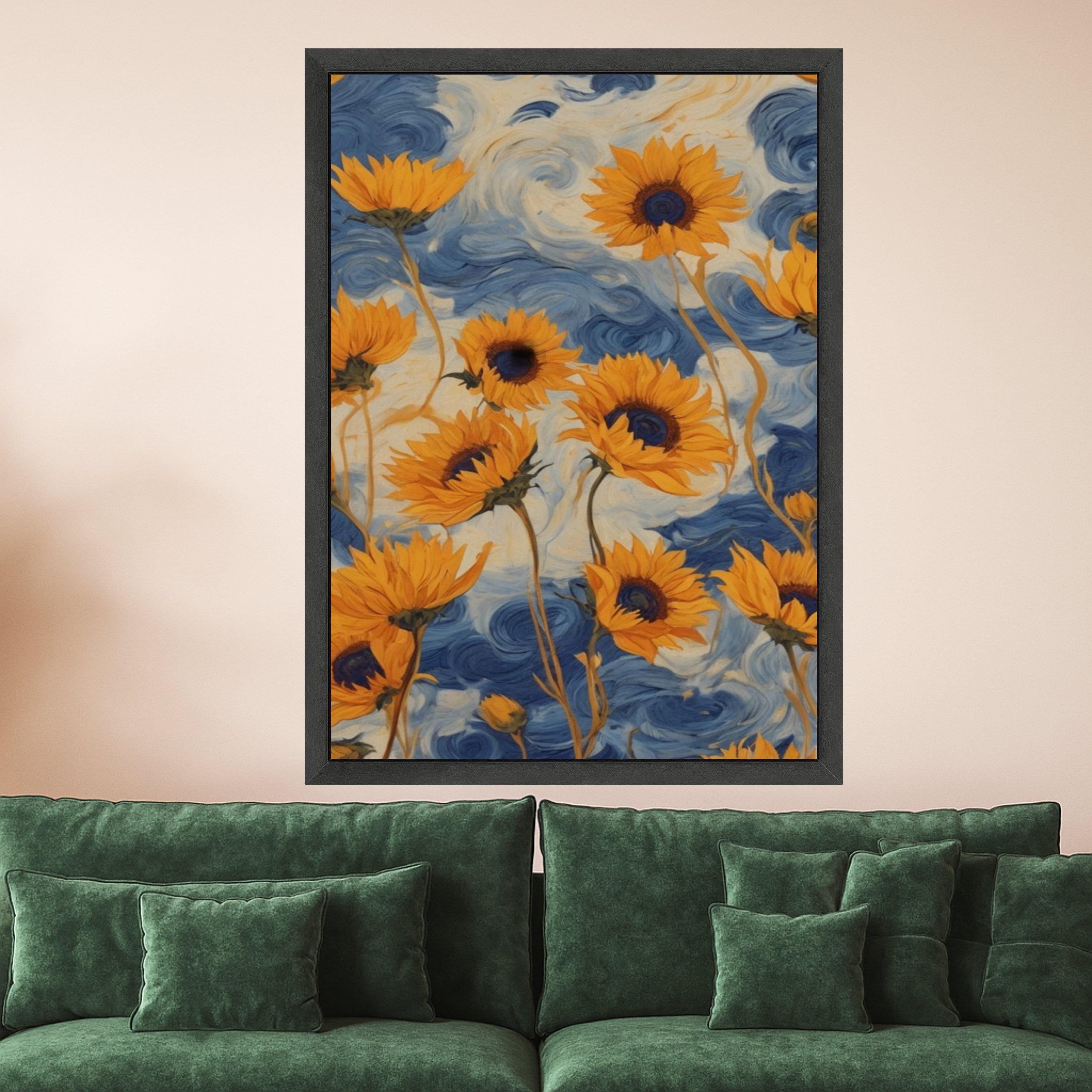 Vibrant Sunflowers Canvas, Blue Swirl Background, Floral Wall Art, Nature Canvas Decor, Bright Yellow Flower Painting, Home Ready To Hang,