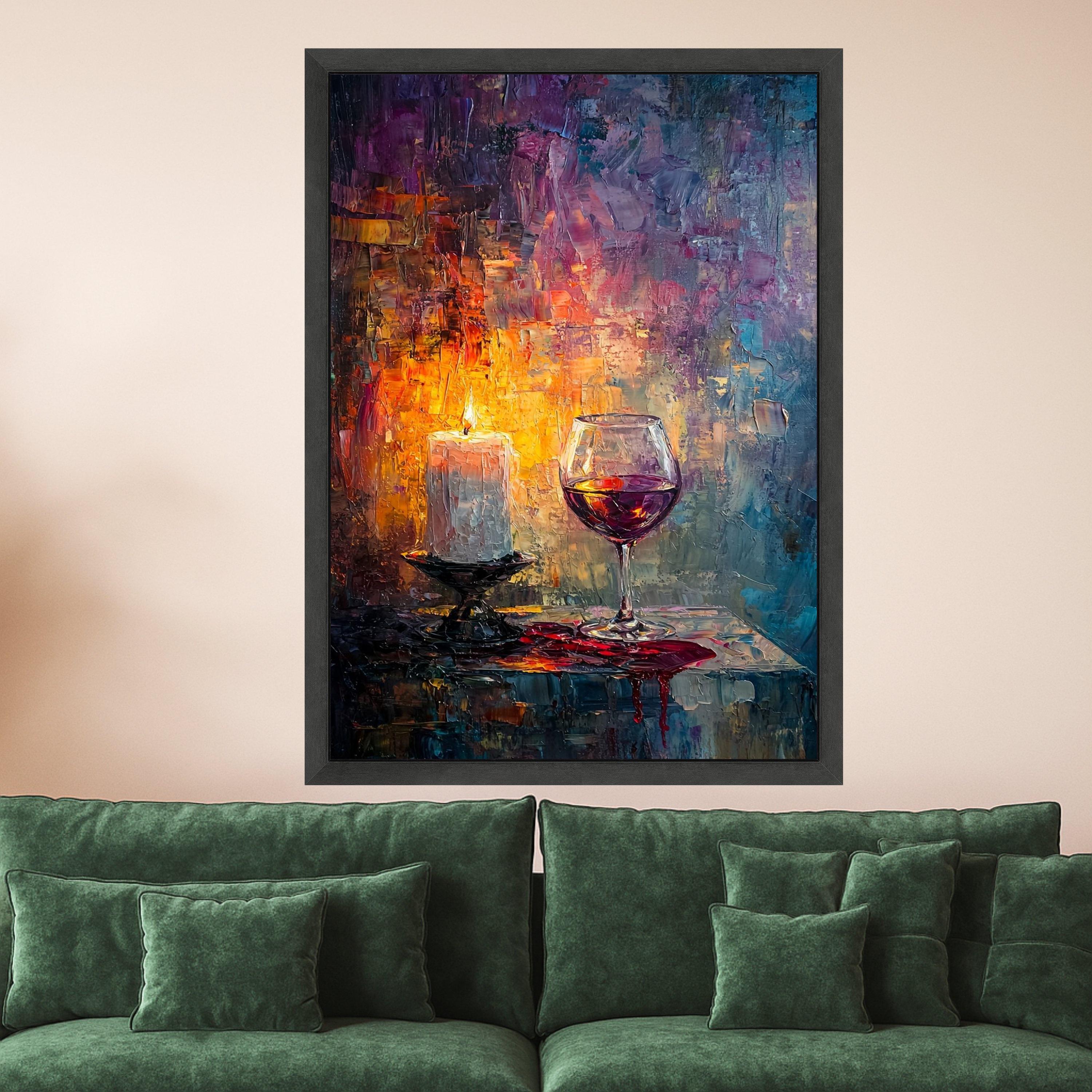 Romantic Candlelight and Red Wine Glass Canvas, Abstract Wall Art, Cozy Home Decor, Evening Ambiance Painting, Ready to Hang Ready To Hang,