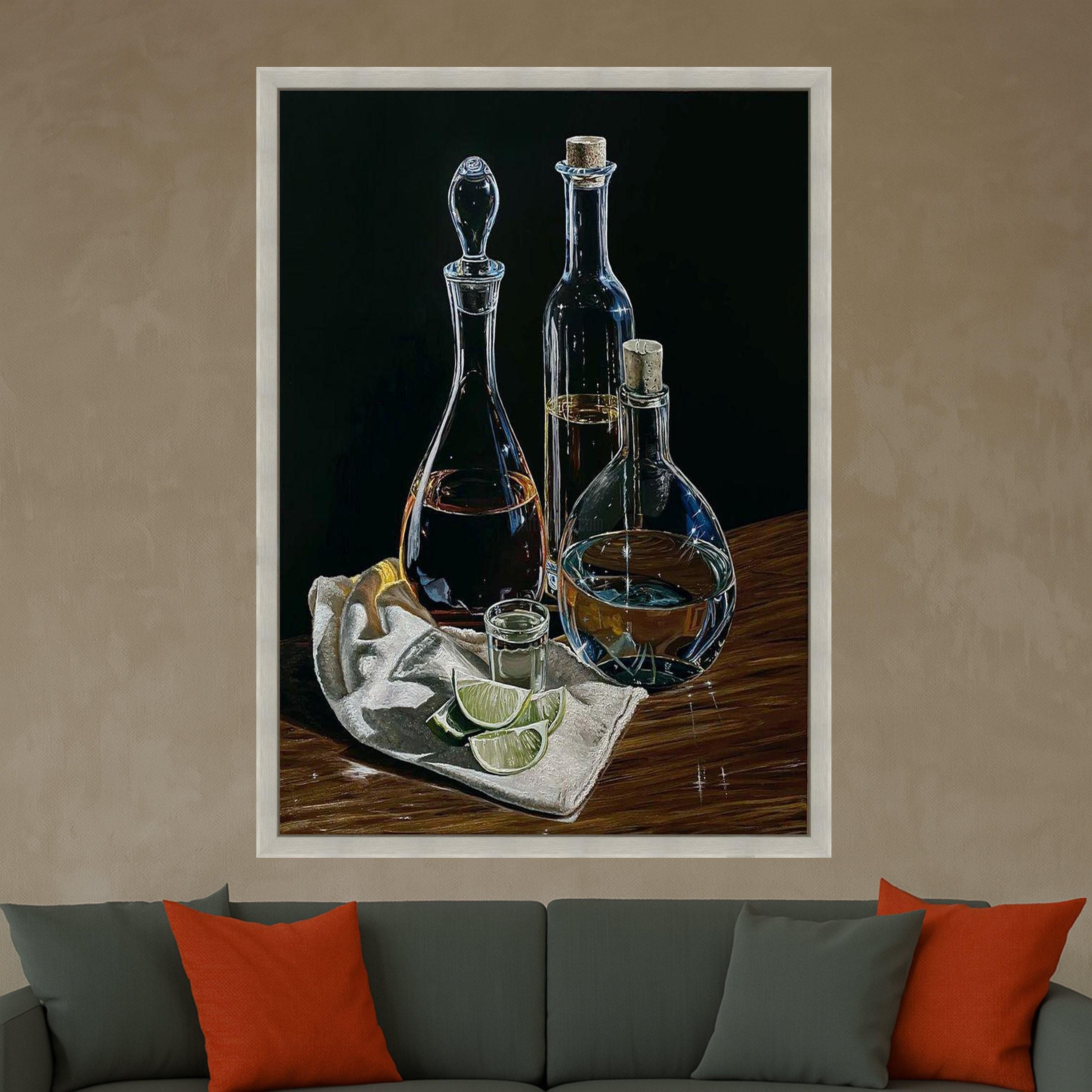 Elegant Glass Bottles with Lime Slices Canvas, Still Life Wall Art, Bar Decor, Beverage Themed Canvas, Kitchen Decoration, Ready To Hang,