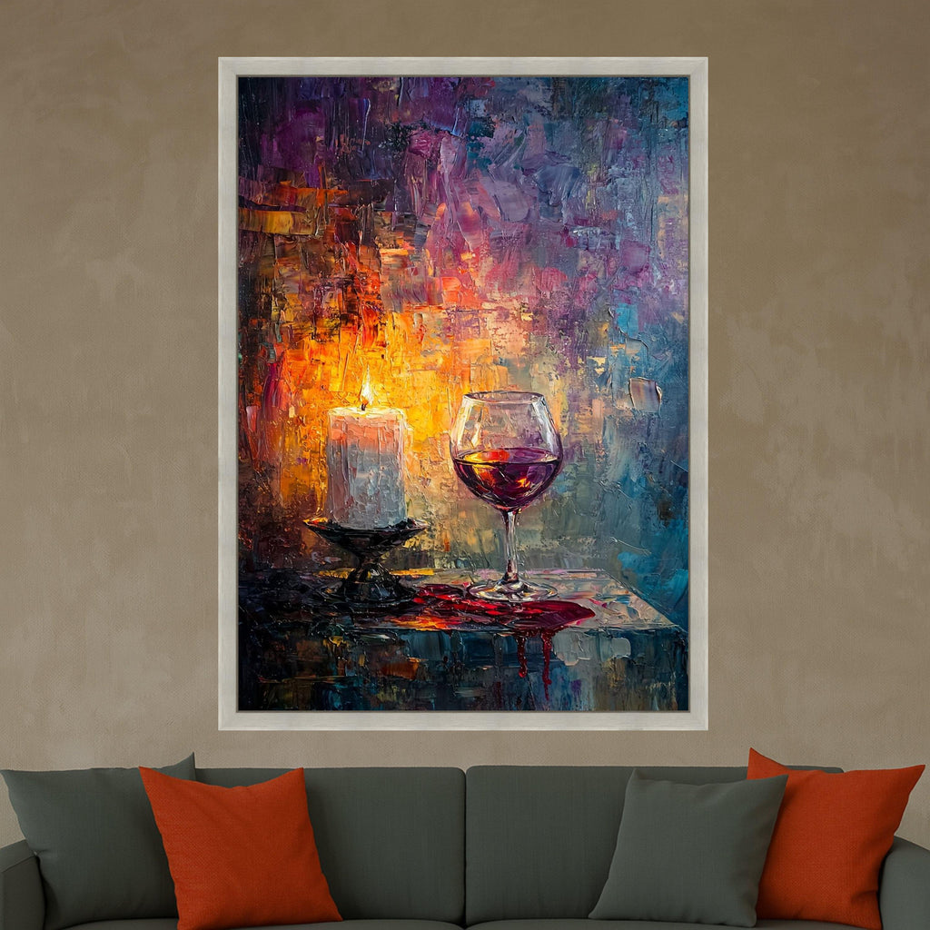 Romantic Candlelight and Red Wine Glass Canvas, Abstract Wall Art, Cozy Home Decor, Evening Ambiance Painting, Ready to Hang Ready To Hang,