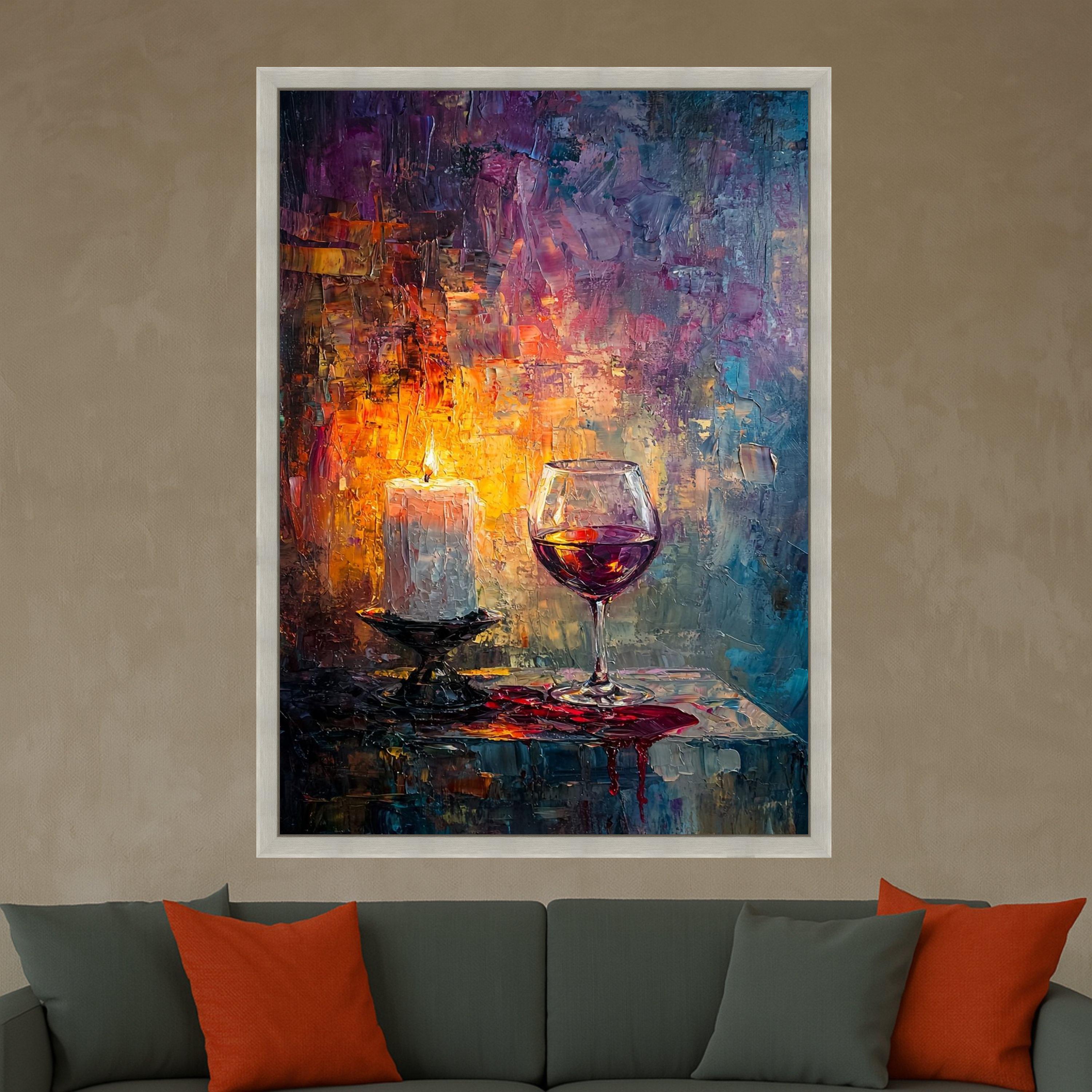 Romantic Candlelight and Red Wine Glass Canvas, Abstract Wall Art, Cozy Home Decor, Evening Ambiance Painting, Ready to Hang Ready To Hang,