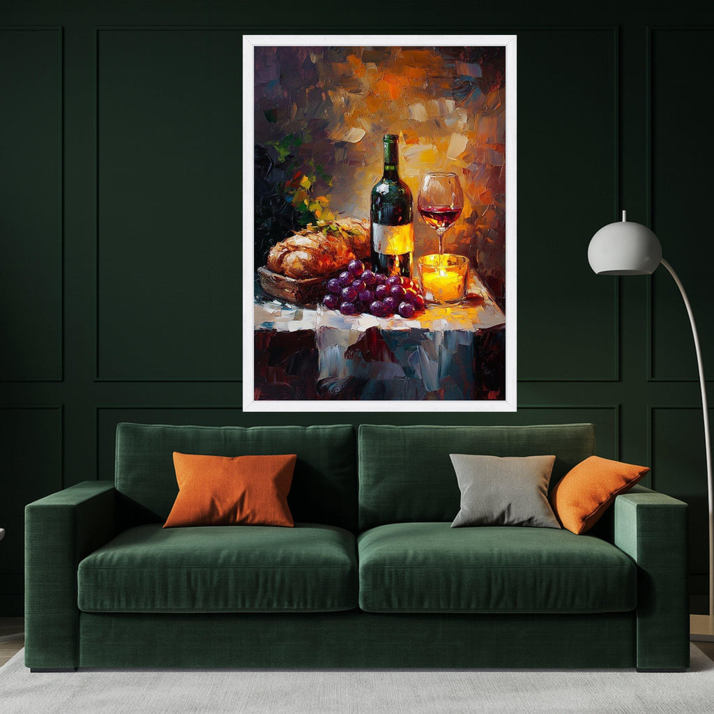 Cozy Wine and Bread Still Life Canvas, Candlelit Table Scene, Grapes and Red Wine Glass, Rustic Kitchen Wall Art, Ready To Hang,