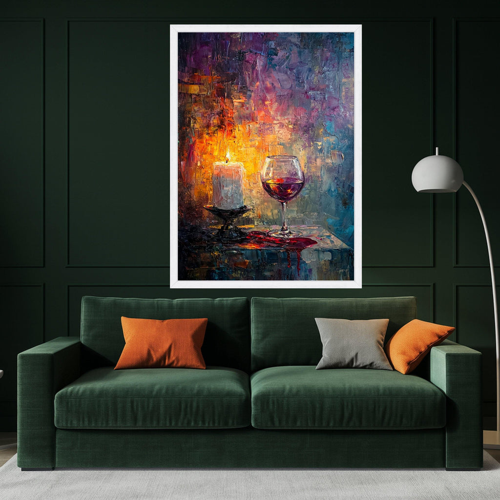 Romantic Candlelight and Red Wine Glass Canvas, Abstract Wall Art, Cozy Home Decor, Evening Ambiance Painting, Ready to Hang Ready To Hang,