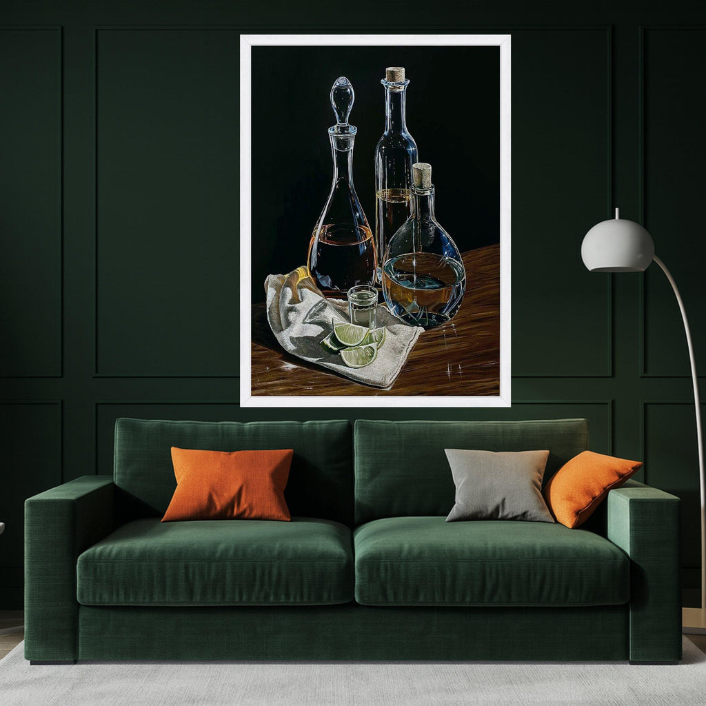 Elegant Glass Bottles with Lime Slices Canvas, Still Life Wall Art, Bar Decor, Beverage Themed Canvas, Kitchen Decoration, Ready To Hang,
