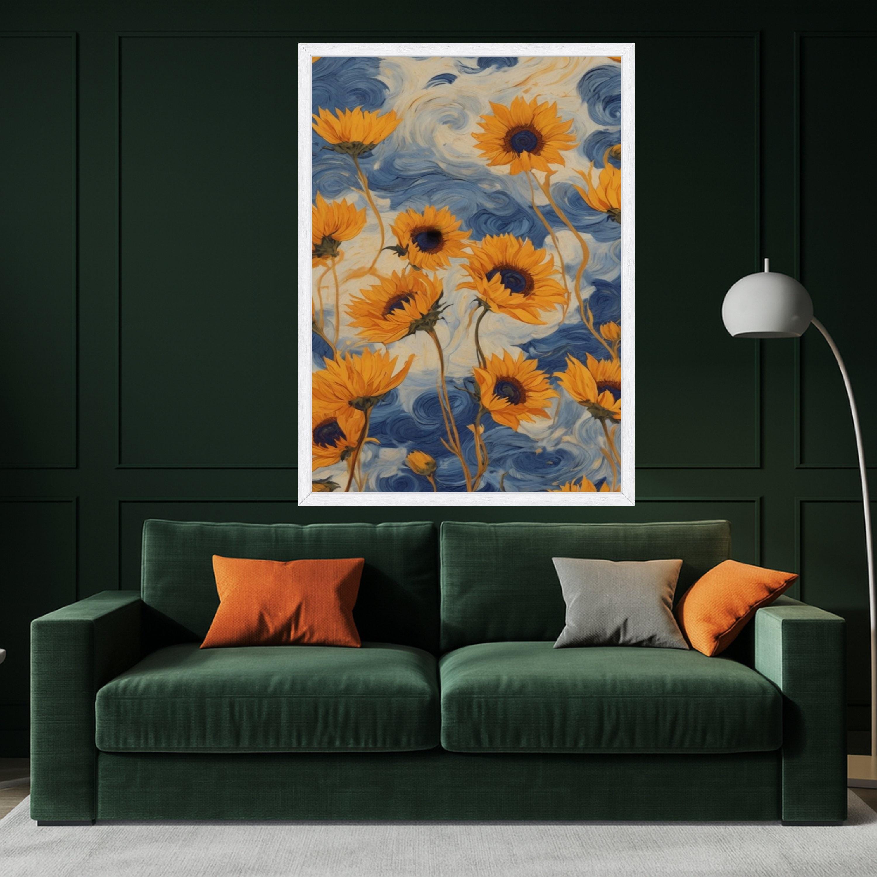 Vibrant Sunflowers Canvas, Blue Swirl Background, Floral Wall Art, Nature Canvas Decor, Bright Yellow Flower Painting, Home Ready To Hang,