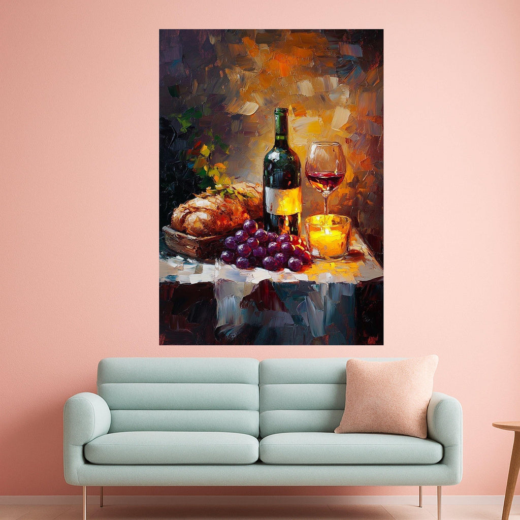 Cozy Wine and Bread Still Life Canvas, Candlelit Table Scene, Grapes and Red Wine Glass, Rustic Kitchen Wall Art, Ready To Hang,