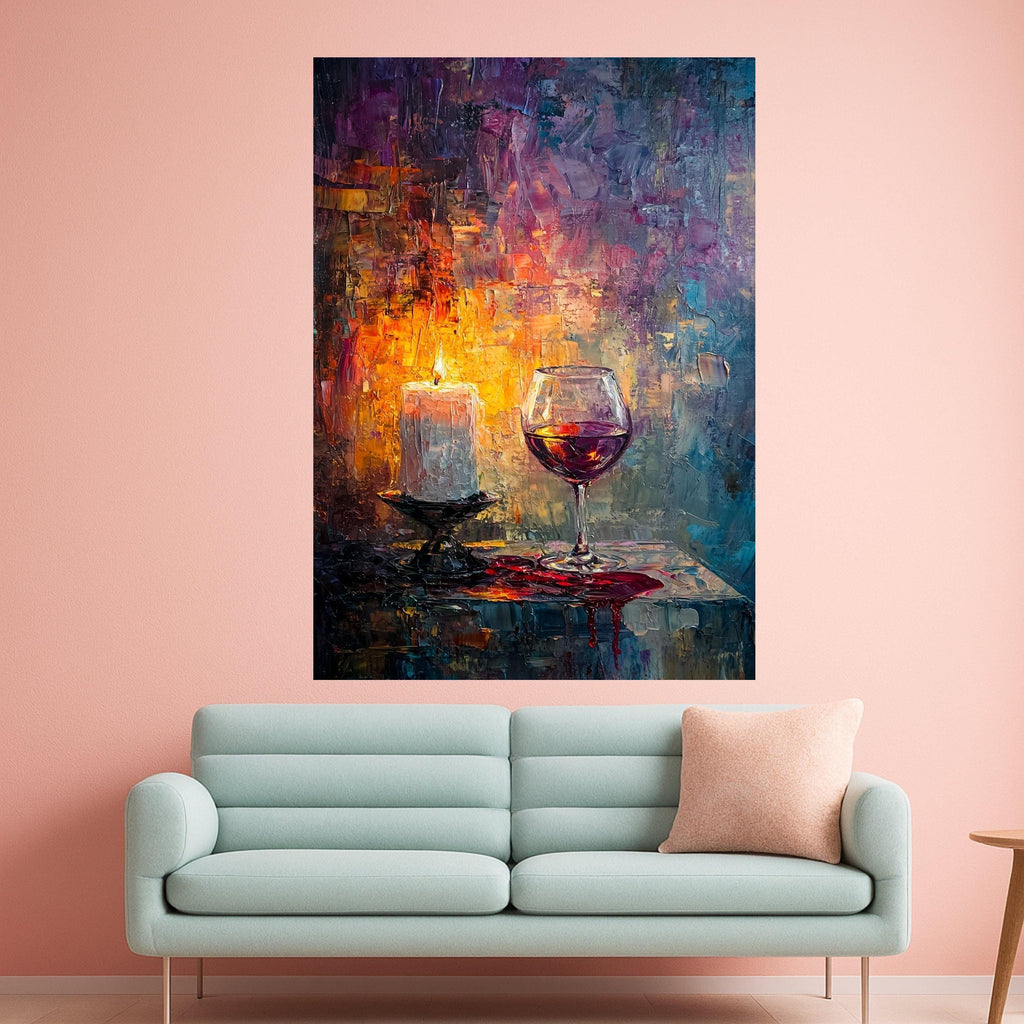 Romantic Candlelight and Red Wine Glass Canvas, Abstract Wall Art, Cozy Home Decor, Evening Ambiance Painting, Ready to Hang Ready To Hang,