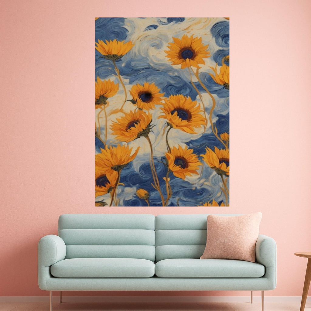 Vibrant Sunflowers Canvas, Blue Swirl Background, Floral Wall Art, Nature Canvas Decor, Bright Yellow Flower Painting, Home Ready To Hang,