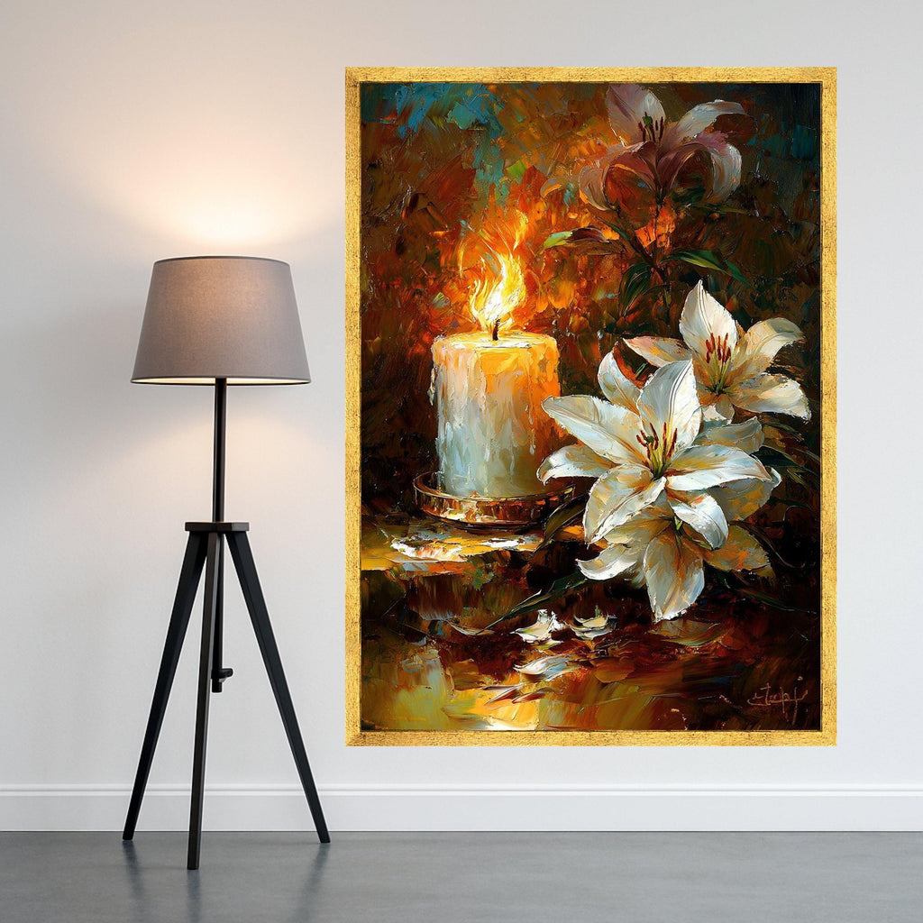White Lilies and Candle Canvas, Floral Still Life Wall Art, Romantic Home Decoration, Painting Style, Warm Glow Canvas Art Ready To Hang,