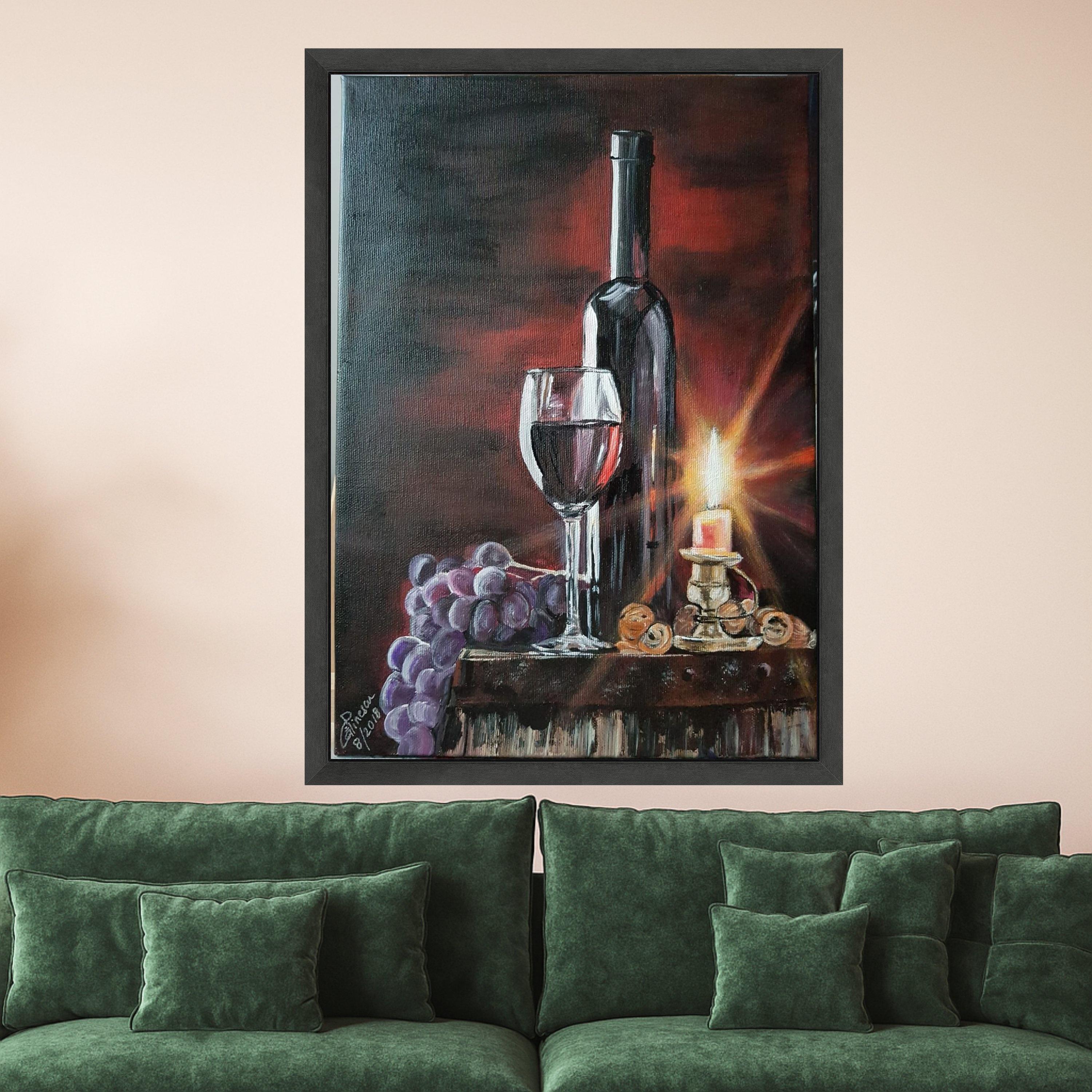 Elegant Wine Still Life Canvas, Red Wine Glass and Bottle, Candlelit Table Scene, Grapes and Nuts Wall Art, Rustic Home Decor Ready To Hang,