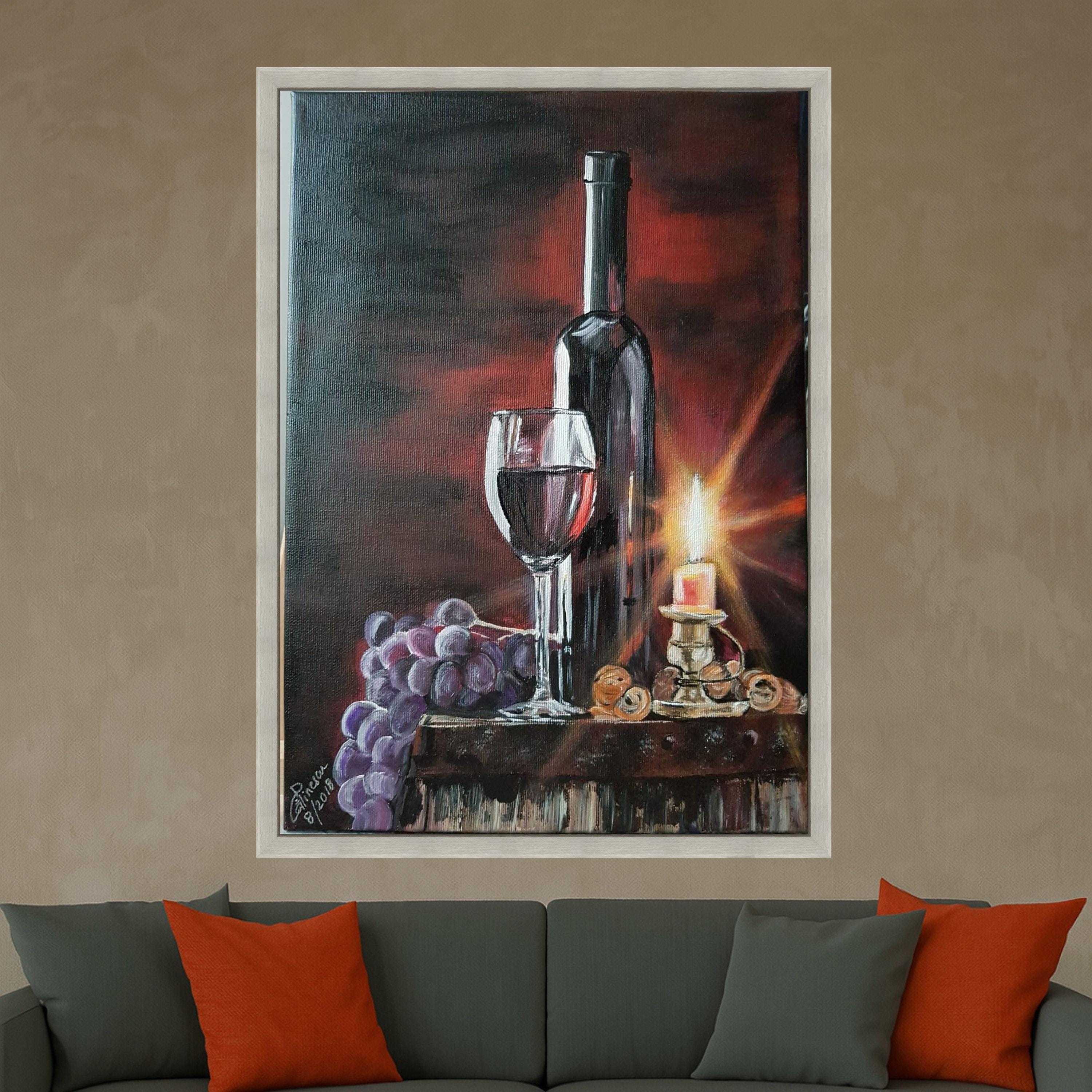 Elegant Wine Still Life Canvas, Red Wine Glass and Bottle, Candlelit Table Scene, Grapes and Nuts Wall Art, Rustic Home Decor Ready To Hang,