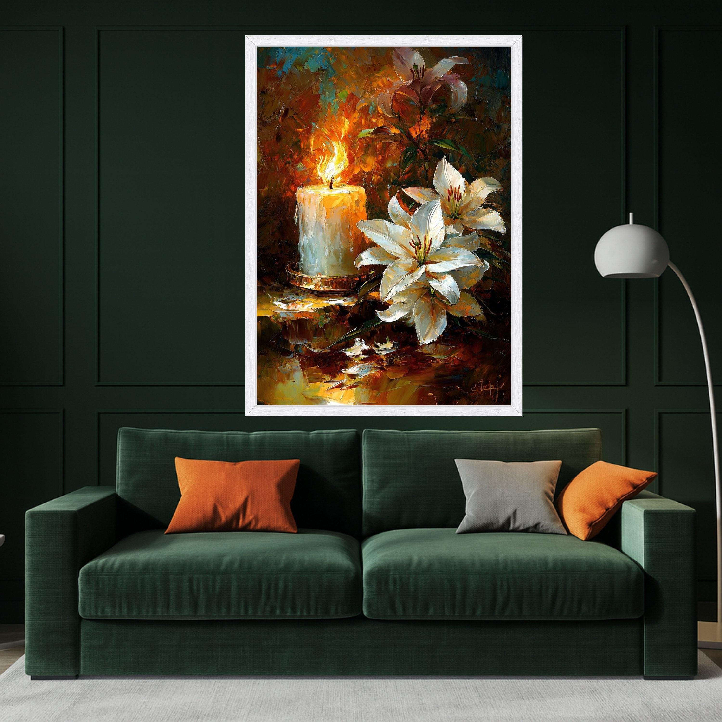 White Lilies and Candle Canvas, Floral Still Life Wall Art, Romantic Home Decoration, Painting Style, Warm Glow Canvas Art Ready To Hang,