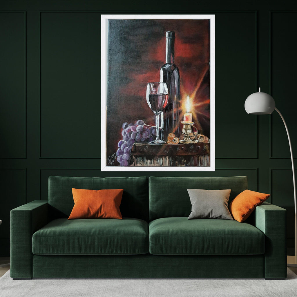 Elegant Wine Still Life Canvas, Red Wine Glass and Bottle, Candlelit Table Scene, Grapes and Nuts Wall Art, Rustic Home Decor Ready To Hang,