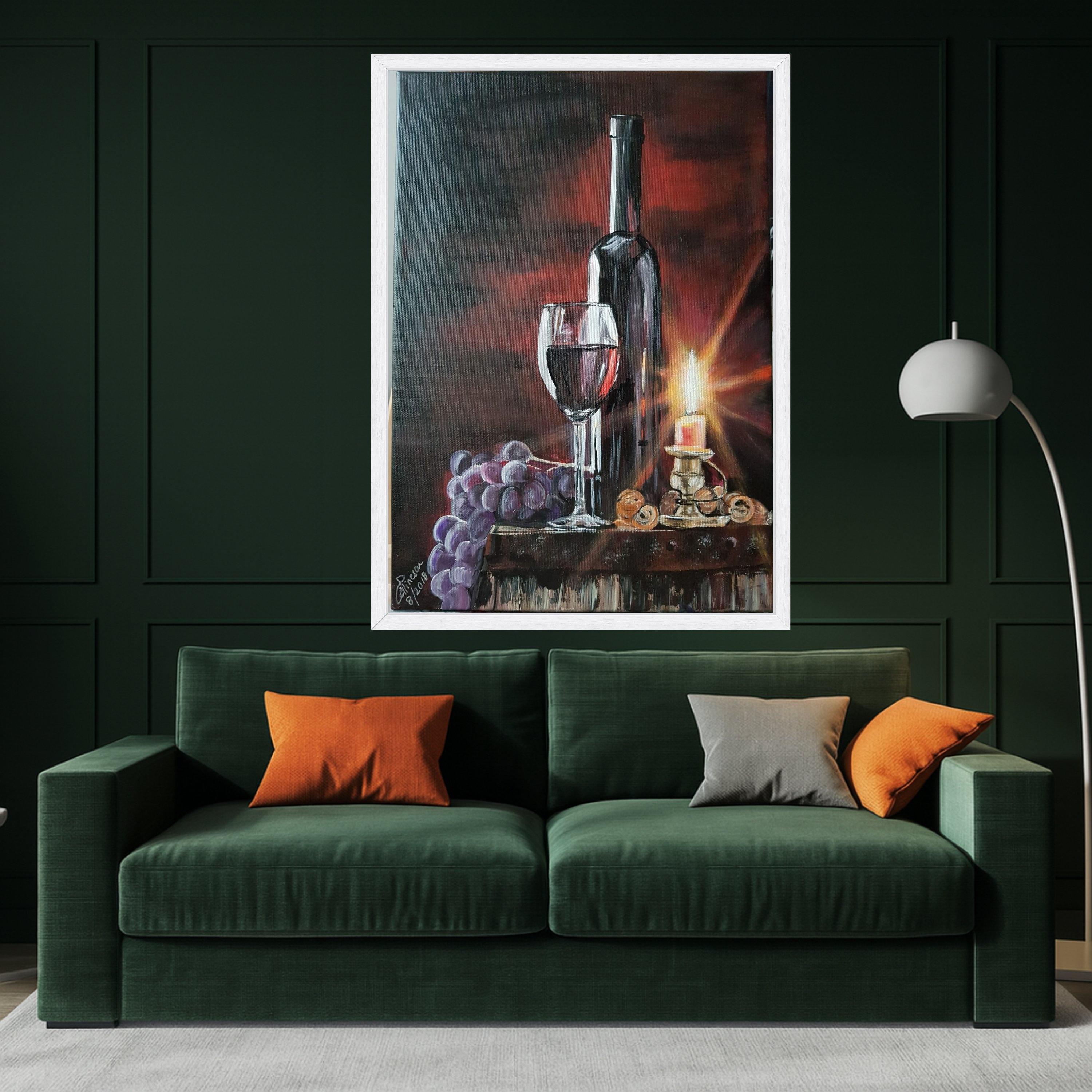 Elegant Wine Still Life Canvas, Red Wine Glass and Bottle, Candlelit Table Scene, Grapes and Nuts Wall Art, Rustic Home Decor Ready To Hang,