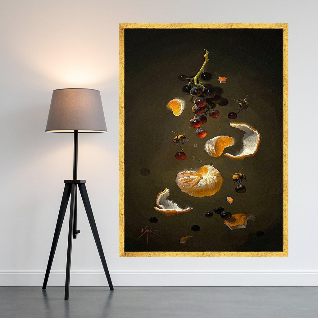 Still Life Citrus and Grapes Canvas, Honey Bees Artwork, Botanical Wall Art, Dark Background Canvas, Modern Home Decor, Ready Ready To Hang,
