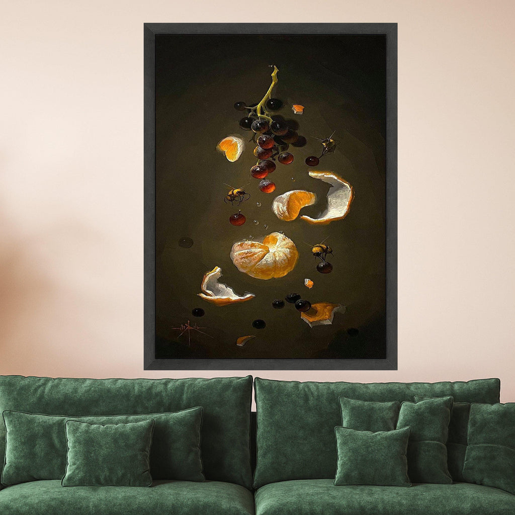 Still Life Citrus and Grapes Canvas, Honey Bees Artwork, Botanical Wall Art, Dark Background Canvas, Modern Home Decor, Ready Ready To Hang,