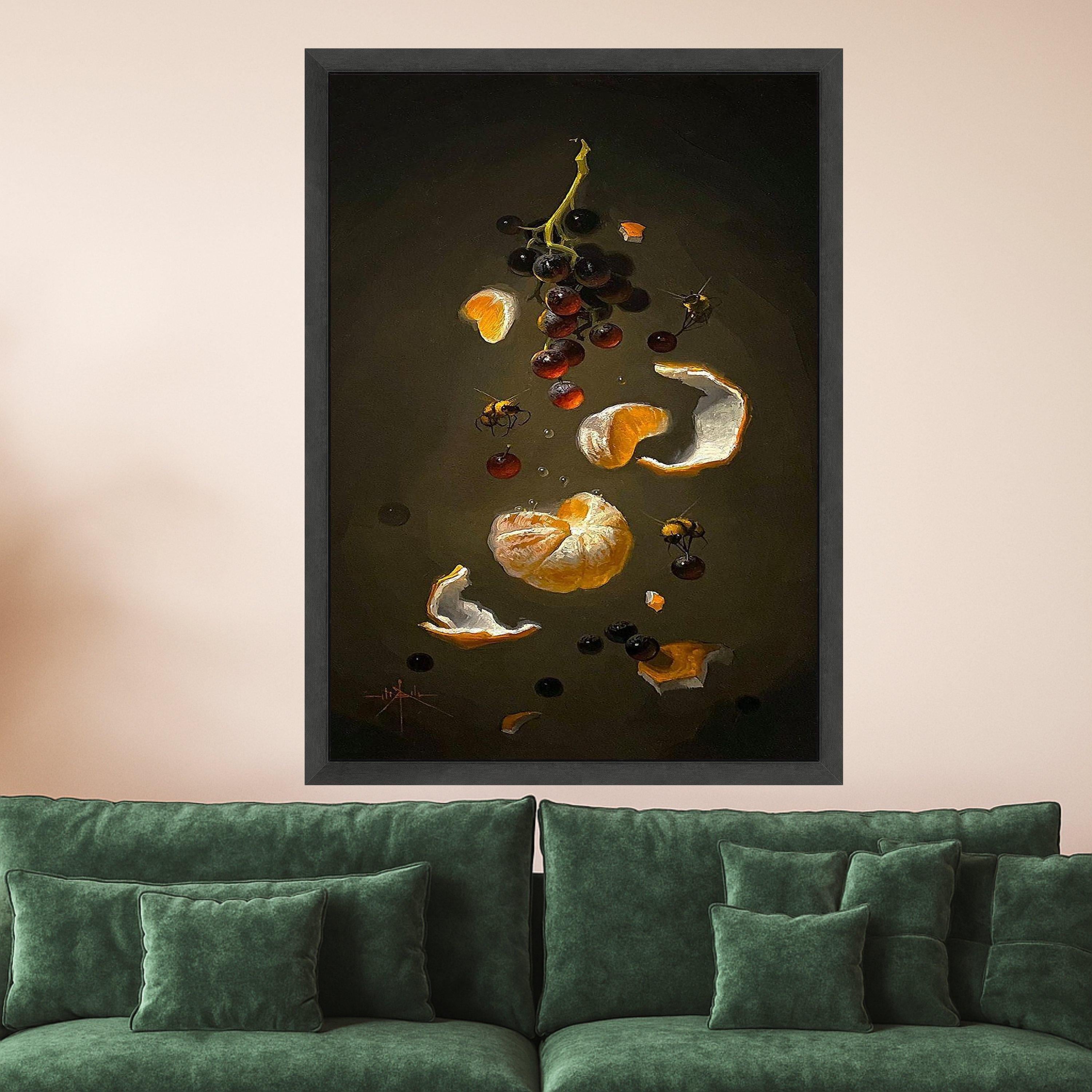 Still Life Citrus and Grapes Canvas, Honey Bees Artwork, Botanical Wall Art, Dark Background Canvas, Modern Home Decor, Ready Ready To Hang,