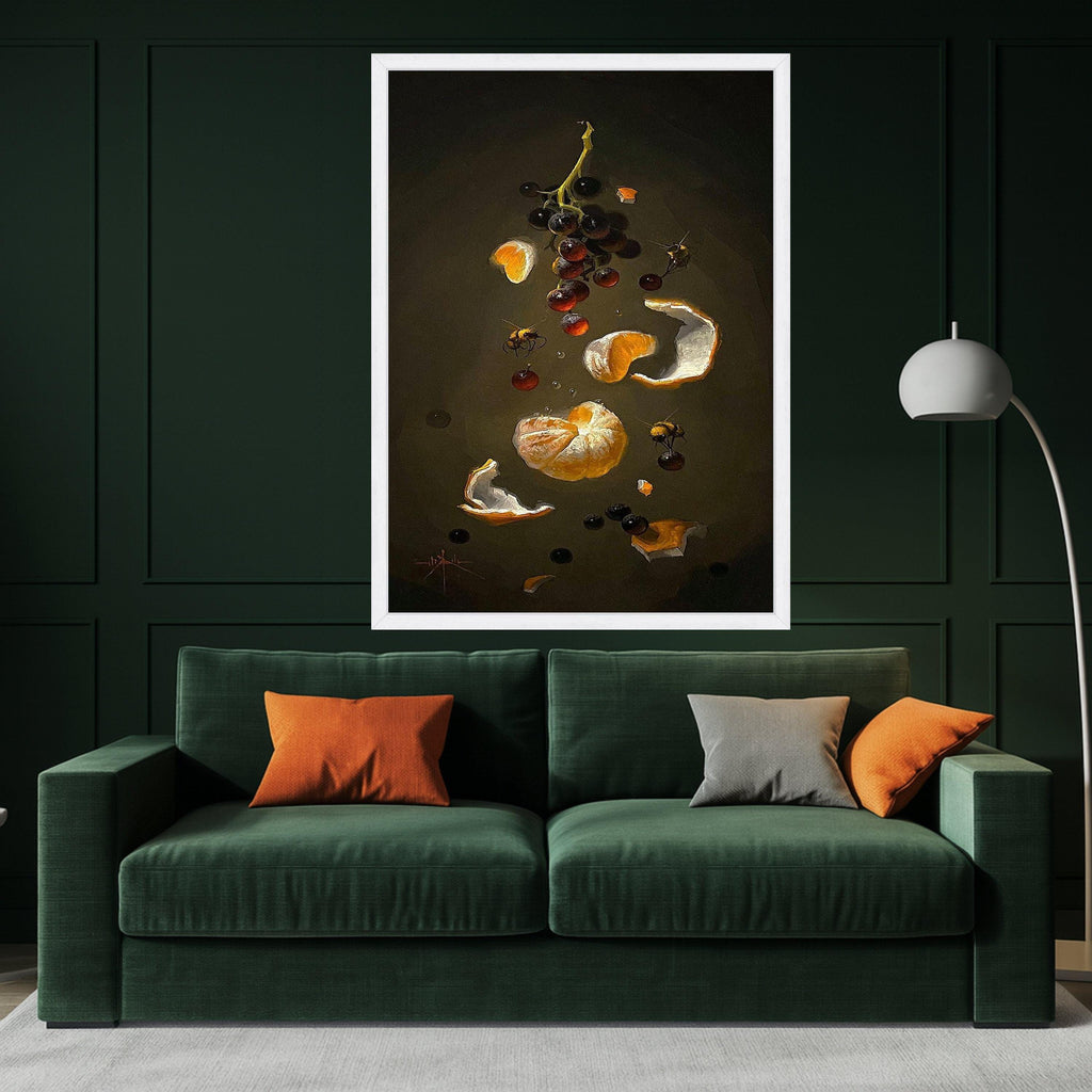 Still Life Citrus and Grapes Canvas, Honey Bees Artwork, Botanical Wall Art, Dark Background Canvas, Modern Home Decor, Ready Ready To Hang,