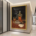 Classic Whiskey and Cigar Still Life Canvas, Vintage Liquor Bottle Wall Art, Smoking Cigar with Playing Cards, Rustic Bar Ready To Hang,