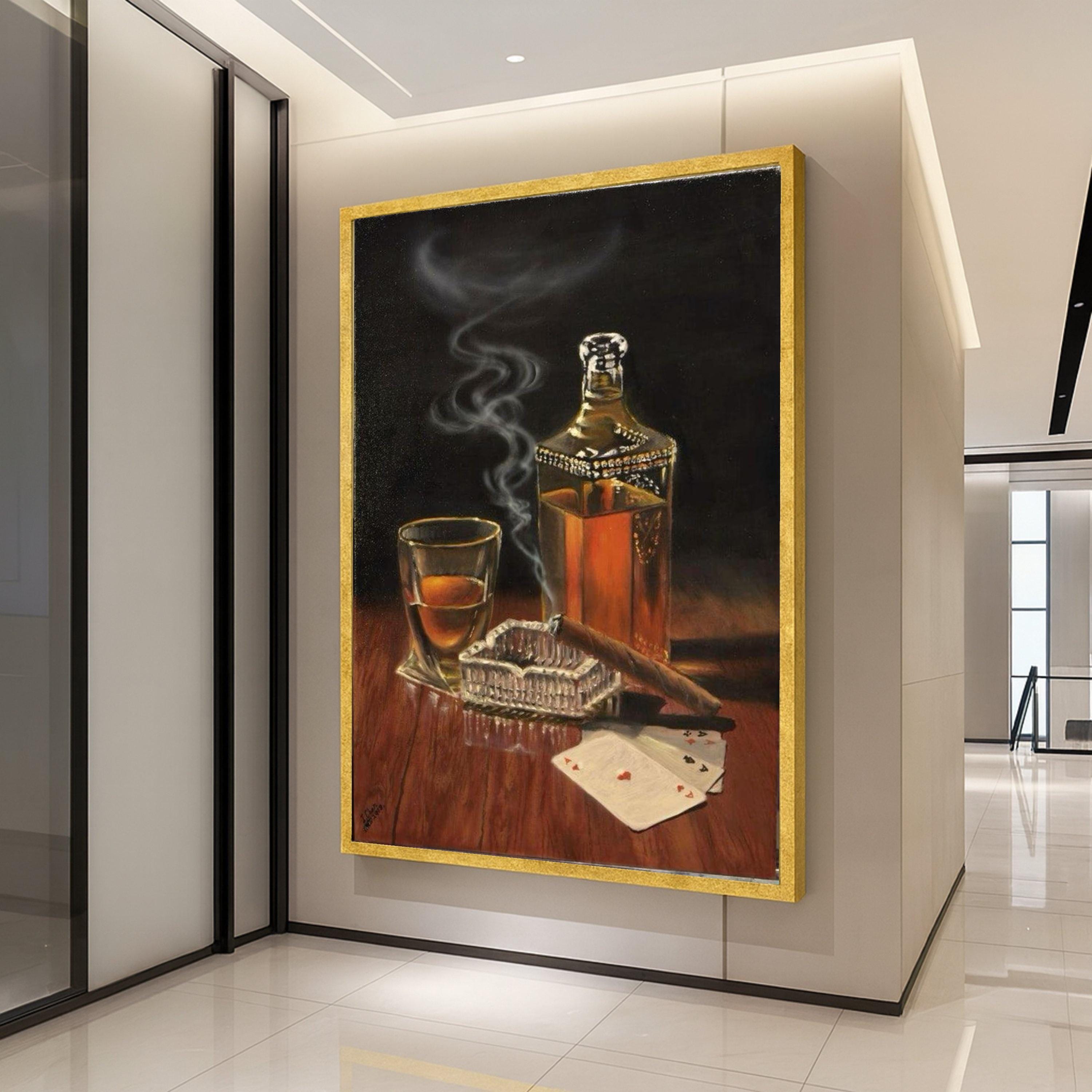 Classic Whiskey and Cigar Still Life Canvas, Vintage Liquor Bottle Wall Art, Smoking Cigar with Playing Cards, Rustic Bar Ready To Hang,