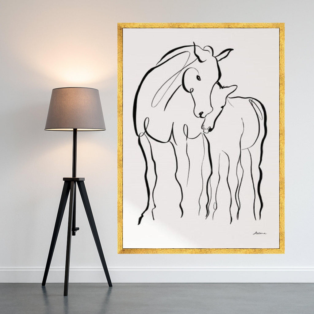 Minimalist Horses Line Art Canvas, Mother and Foal Wall Art, Black and White Animal Illustration, Modern Abstract Canvas, Ready To Hang,
