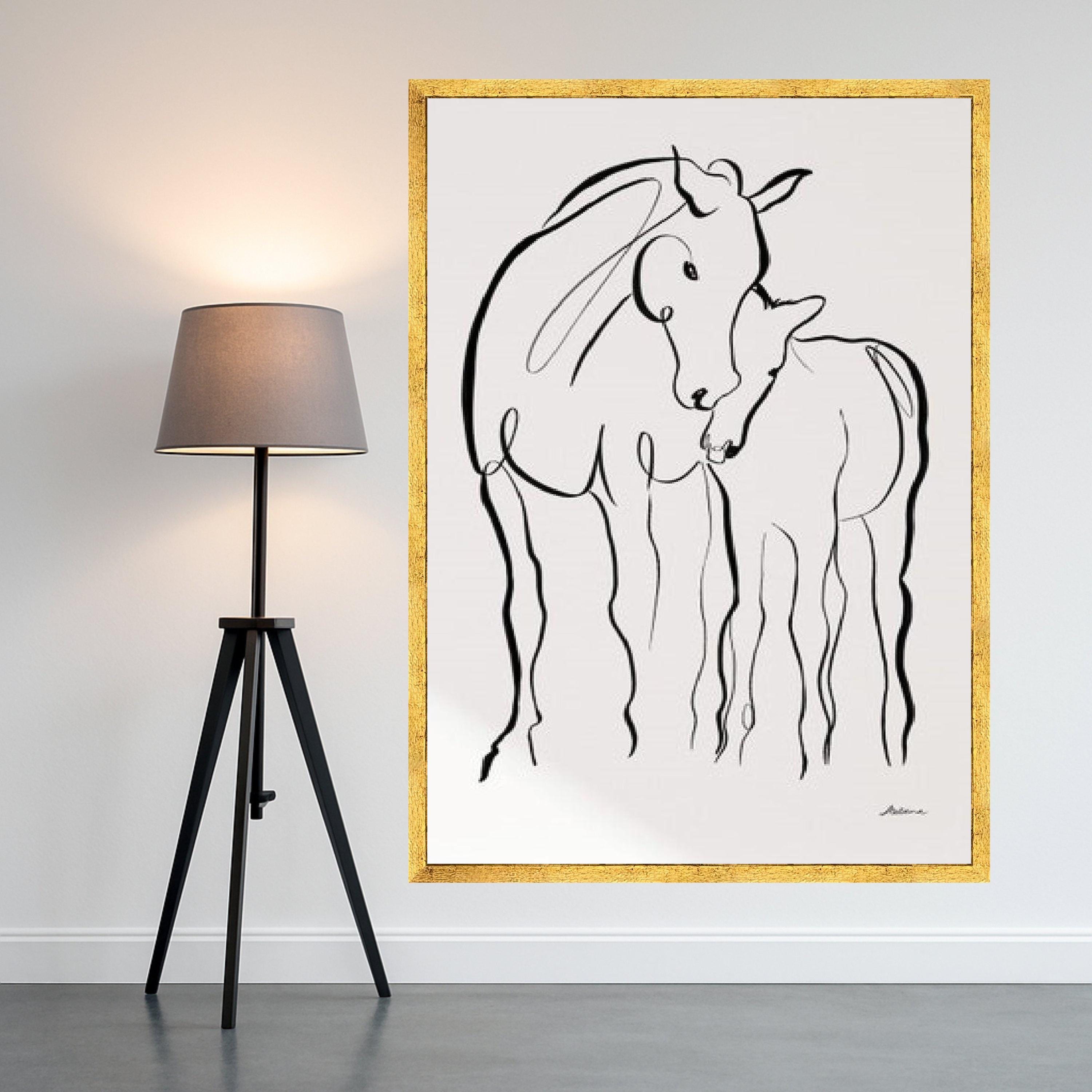 Minimalist Horses Line Art Canvas, Mother and Foal Wall Art, Black and White Animal Illustration, Modern Abstract Canvas, Ready To Hang,